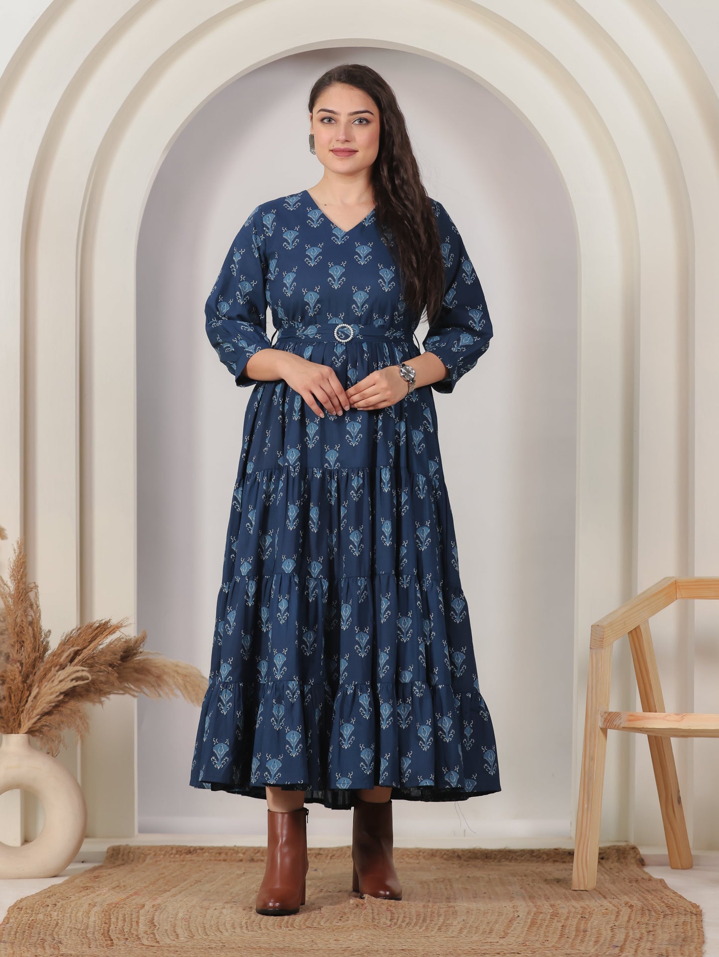 Soft Cotton Geometric Anarkali Blue Dress (With Belt)