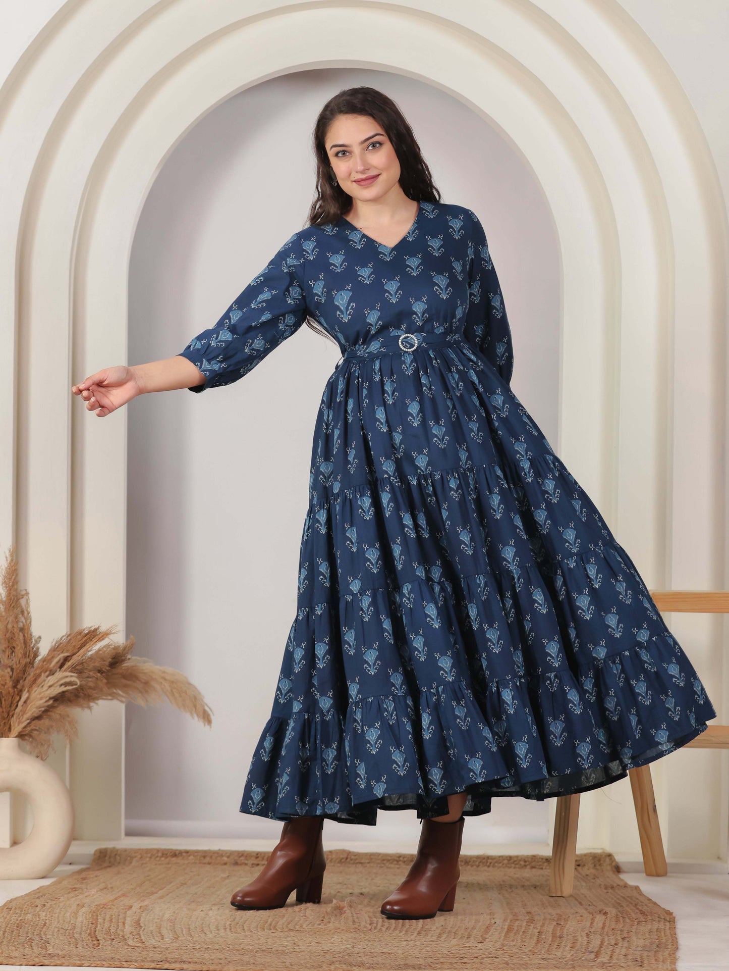 Soft Cotton Geometric Anarkali Blue Dress (With Belt)