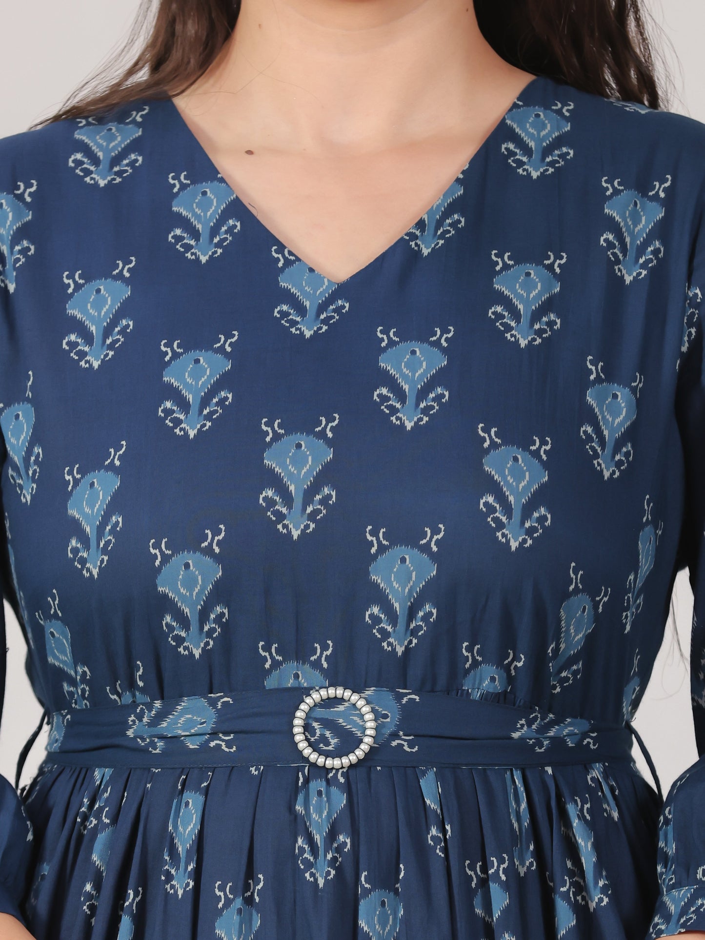 Soft Cotton Geometric Anarkali Blue Dress (With Belt)