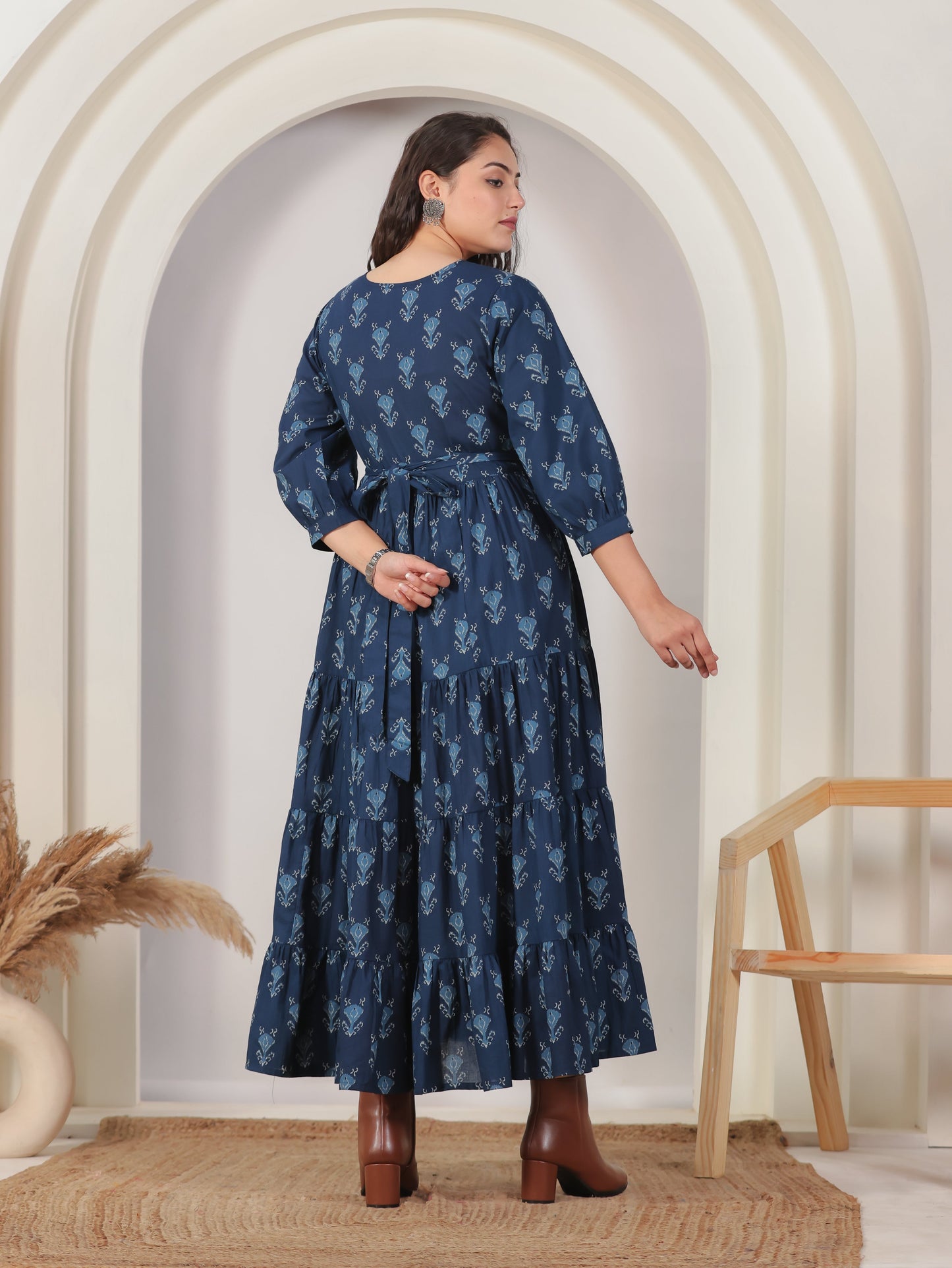 Soft Cotton Geometric Anarkali Blue Dress (With Belt)