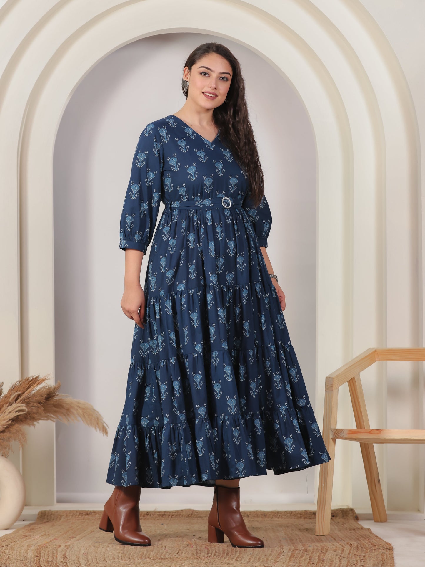 Soft Cotton Geometric Anarkali Blue Dress (With Belt)