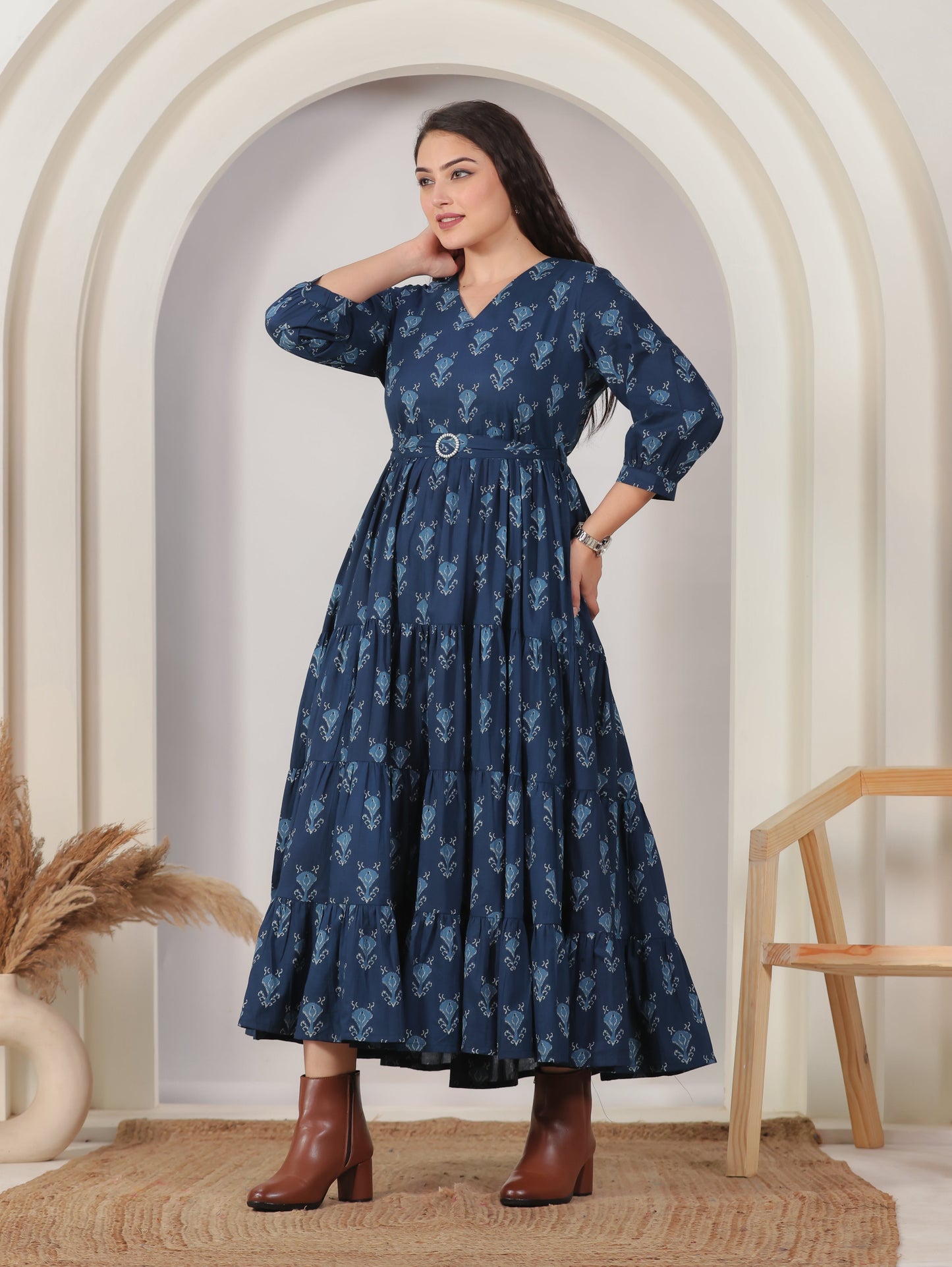 Soft Cotton Geometric Anarkali Blue Dress (With Belt)