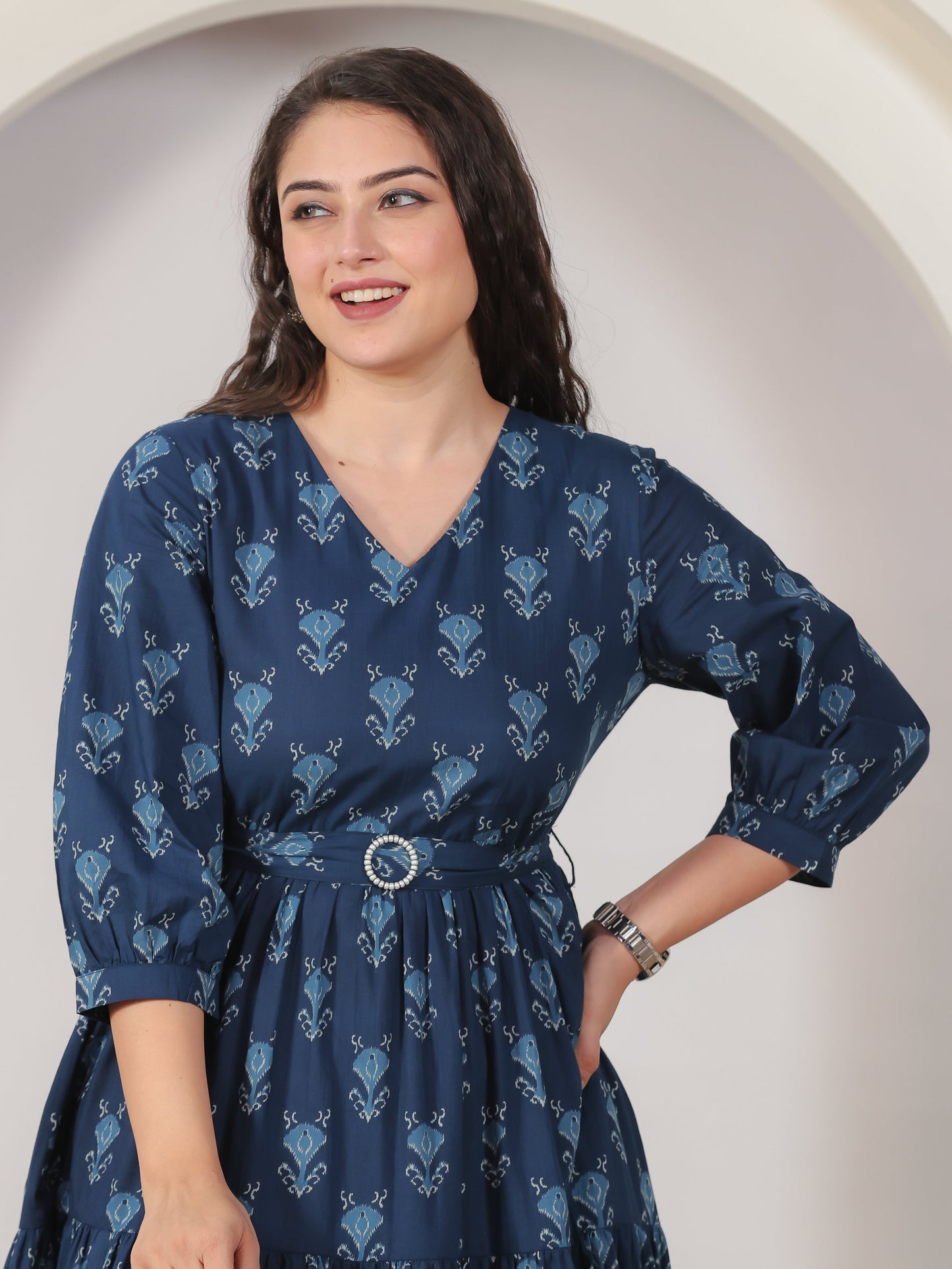 Soft Cotton Geometric Anarkali Blue Dress (With Belt)