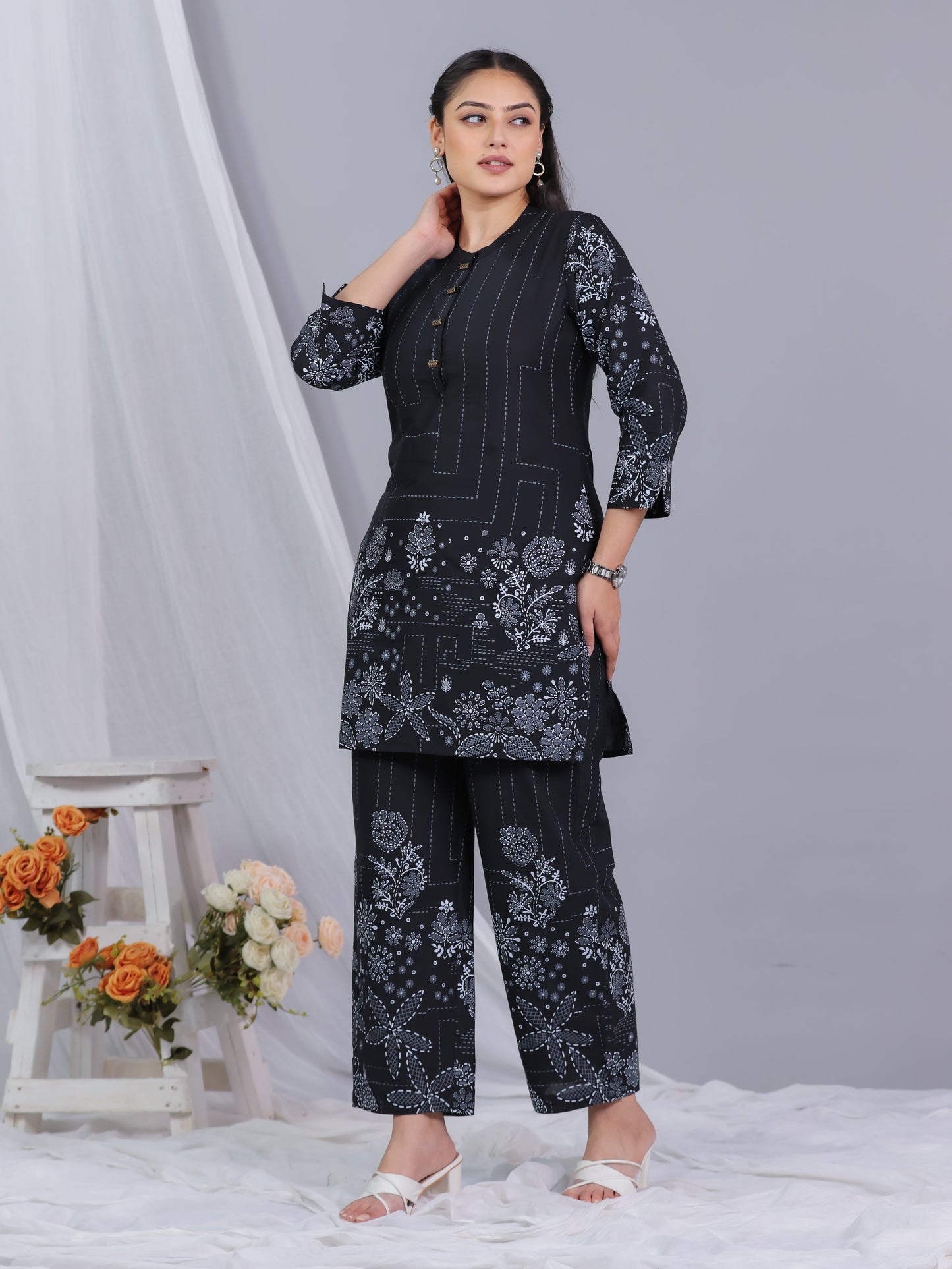 Soft Cotton Placement Print Straight Black Kurta