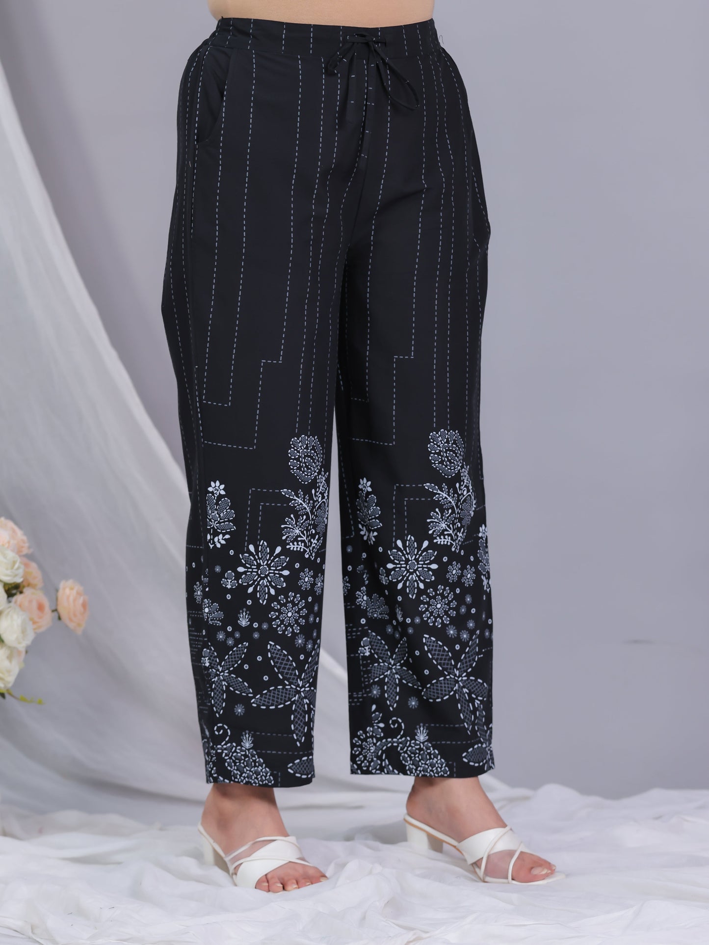 Soft Cotton Placement Print Straight Black Kurta