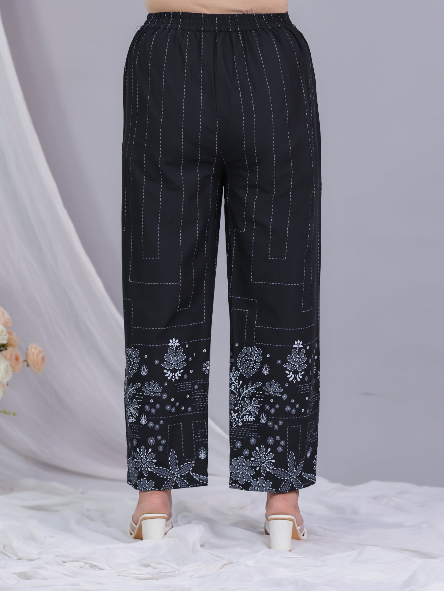 Soft Cotton Placement Print Straight Black Kurta