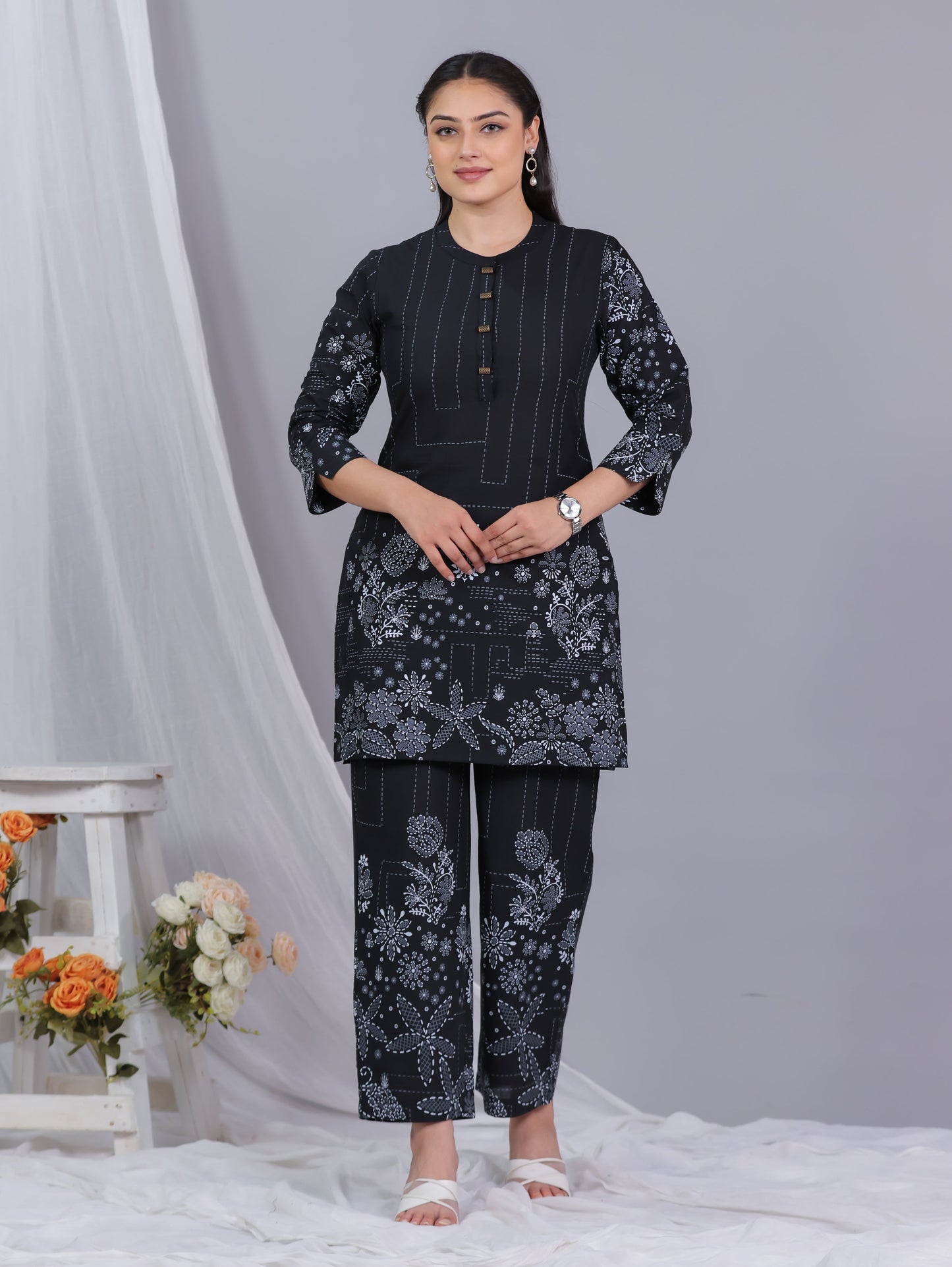 Soft Cotton Placement Print Straight Black Kurta
