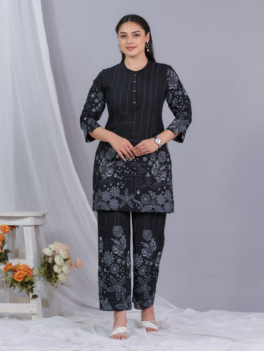 Soft Cotton Placement Print Straight Black Kurta