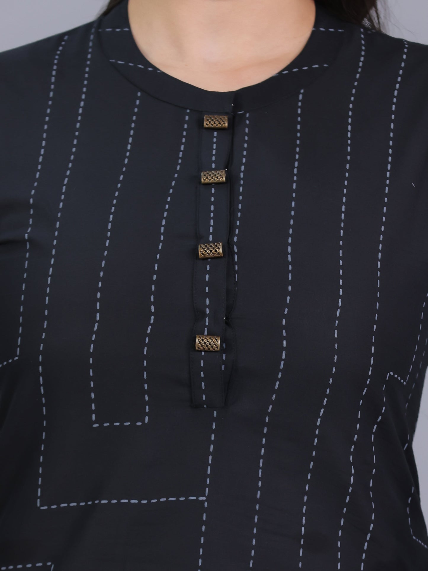 Soft Cotton Placement Print Straight Black Kurta