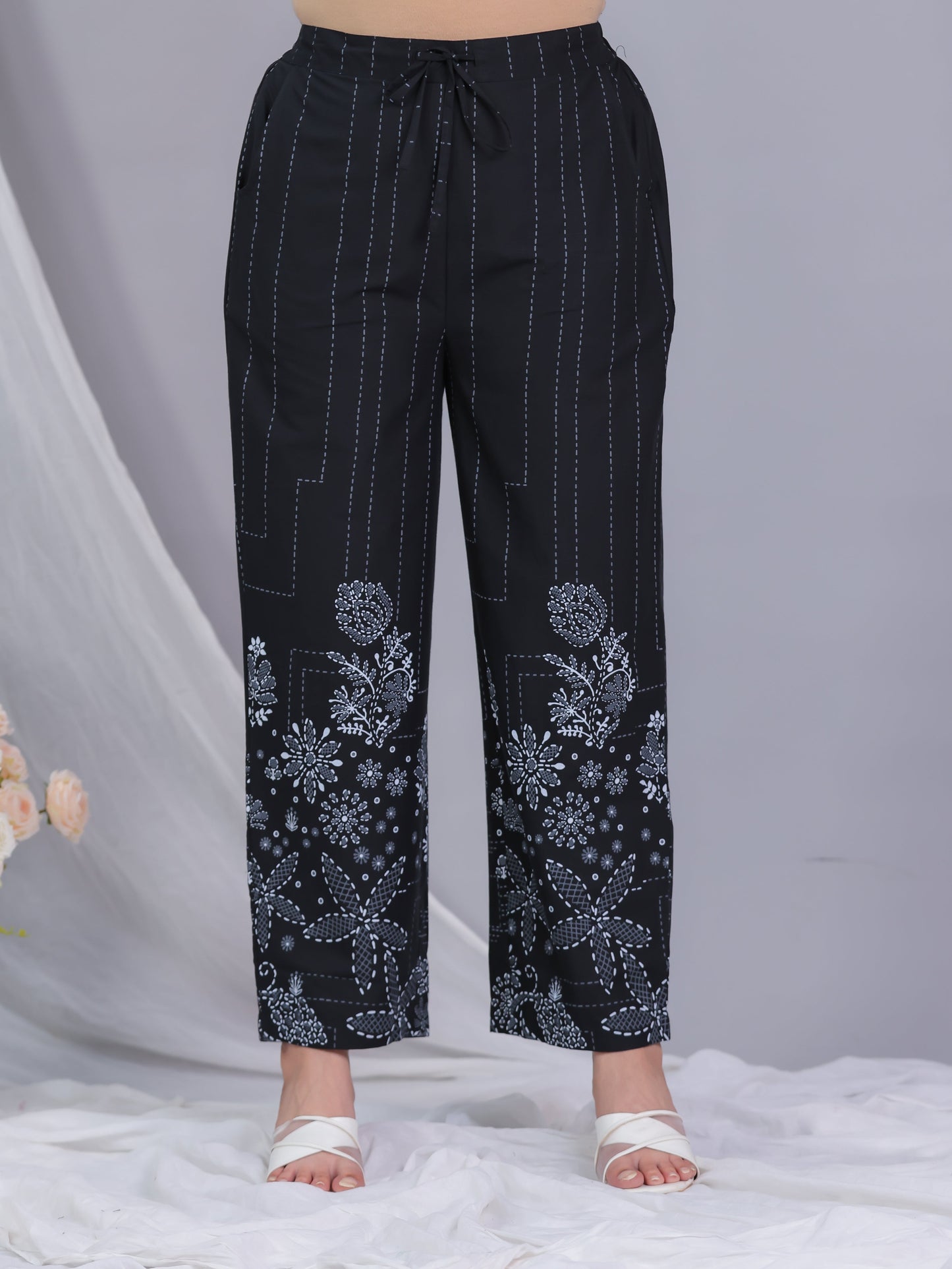 Soft Cotton Placement Print Straight Black Kurta