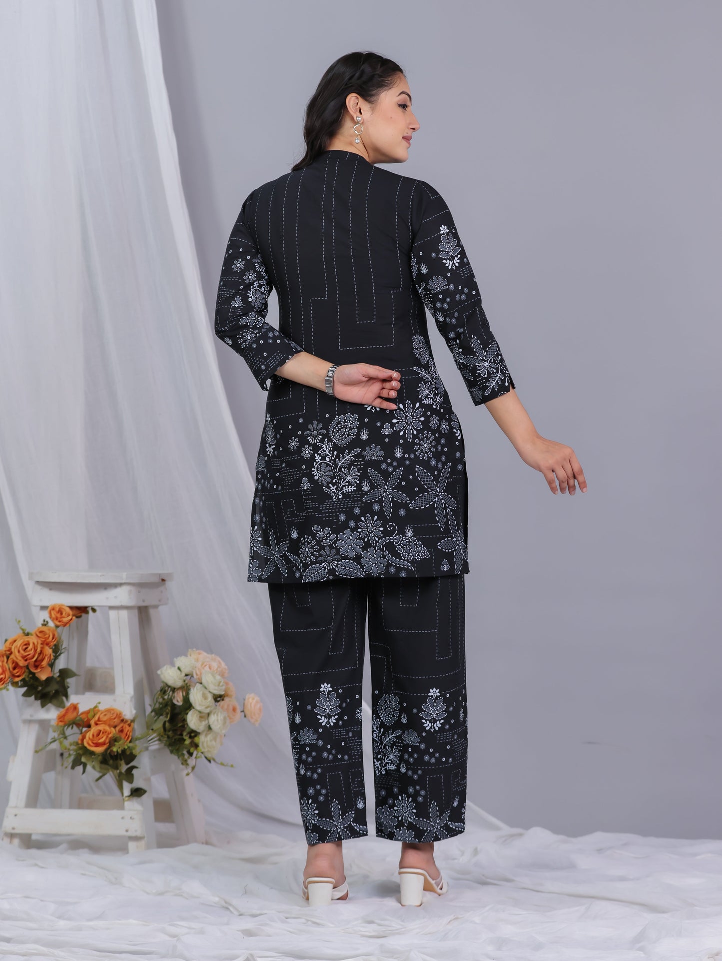 Soft Cotton Placement Print Straight Black Kurta