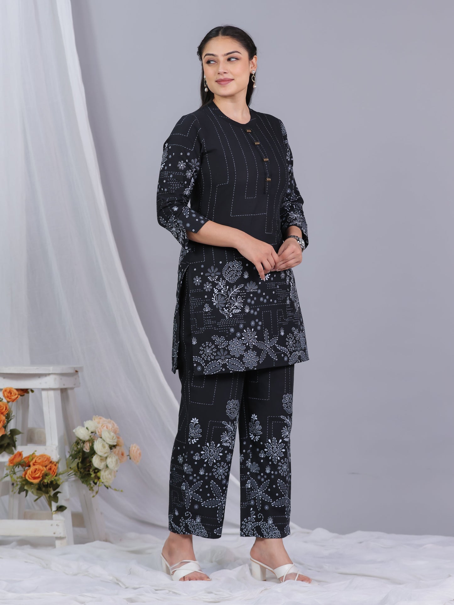 Soft Cotton Placement Print Straight Black Kurta