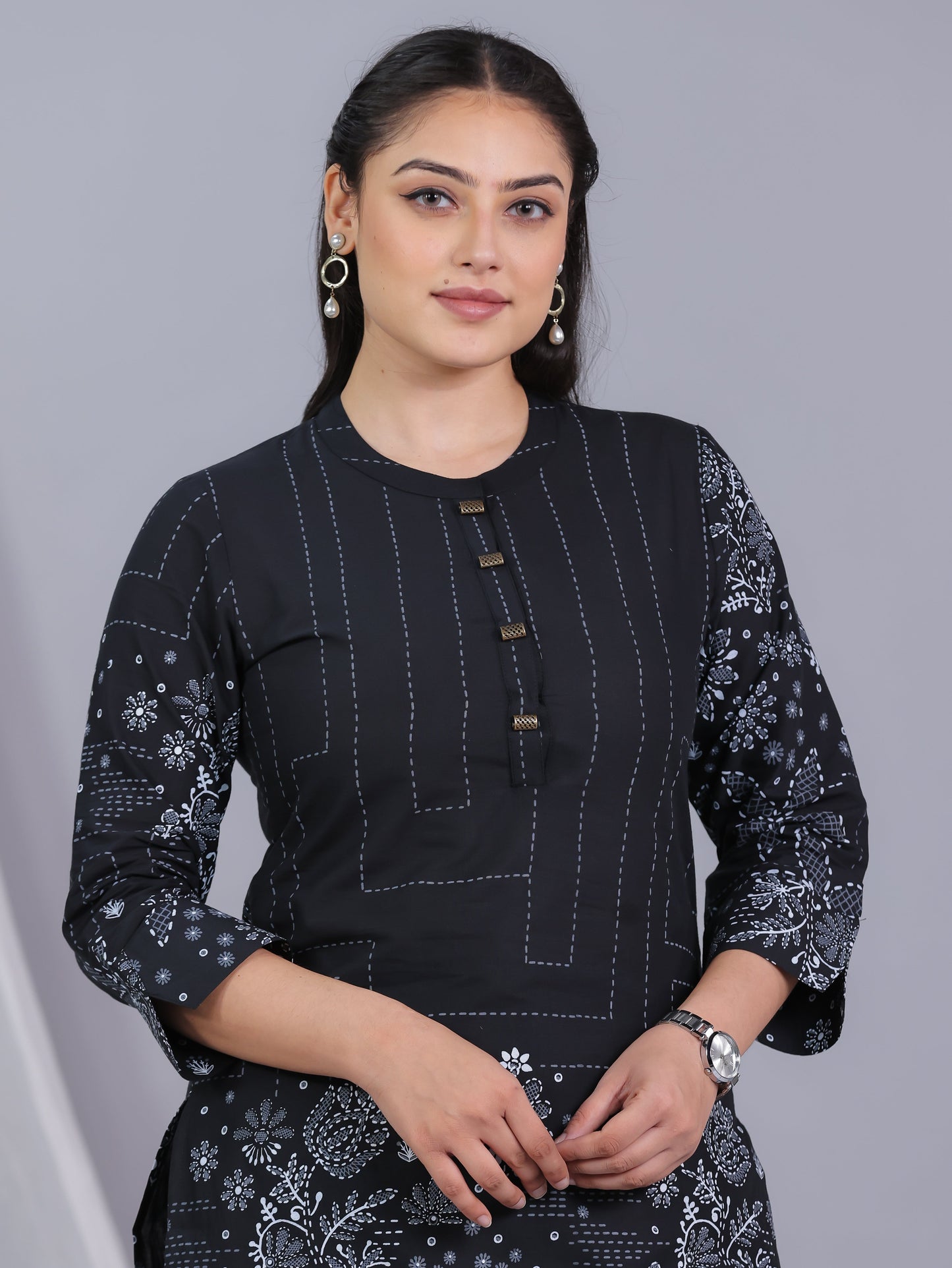 Soft Cotton Placement Print Straight Black Kurta