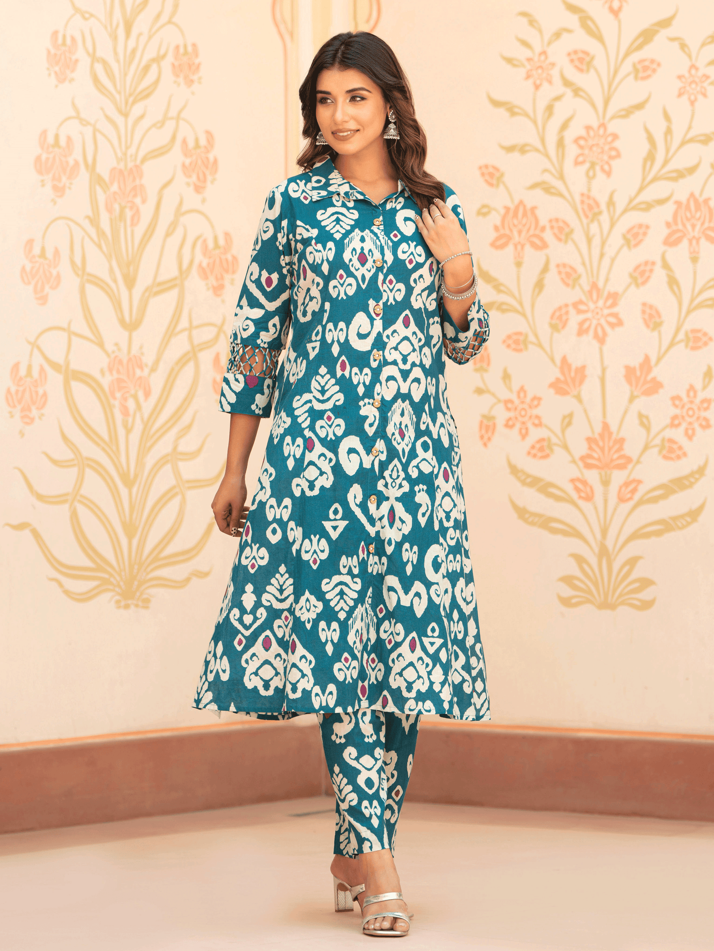 Soft Cotton Ikat High Low Teal Kurta