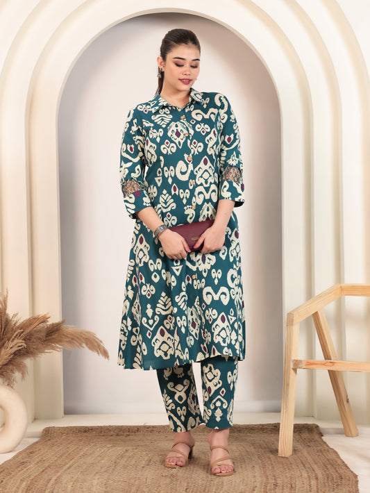Soft Cotton Ikat High Low Teal Kurta
