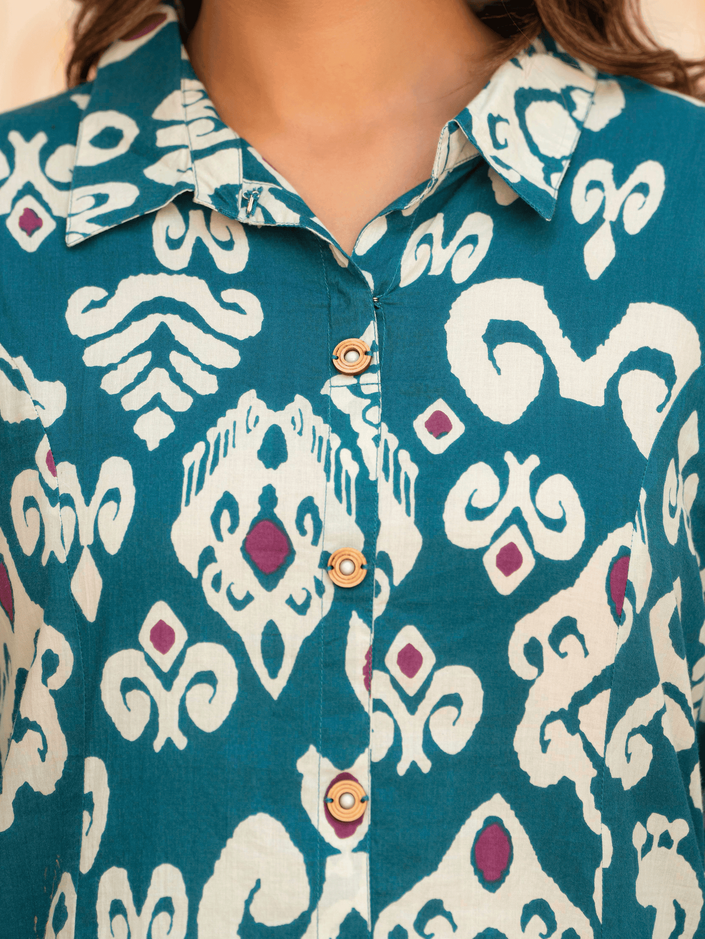 Soft Cotton Ikat High Low Teal Kurta