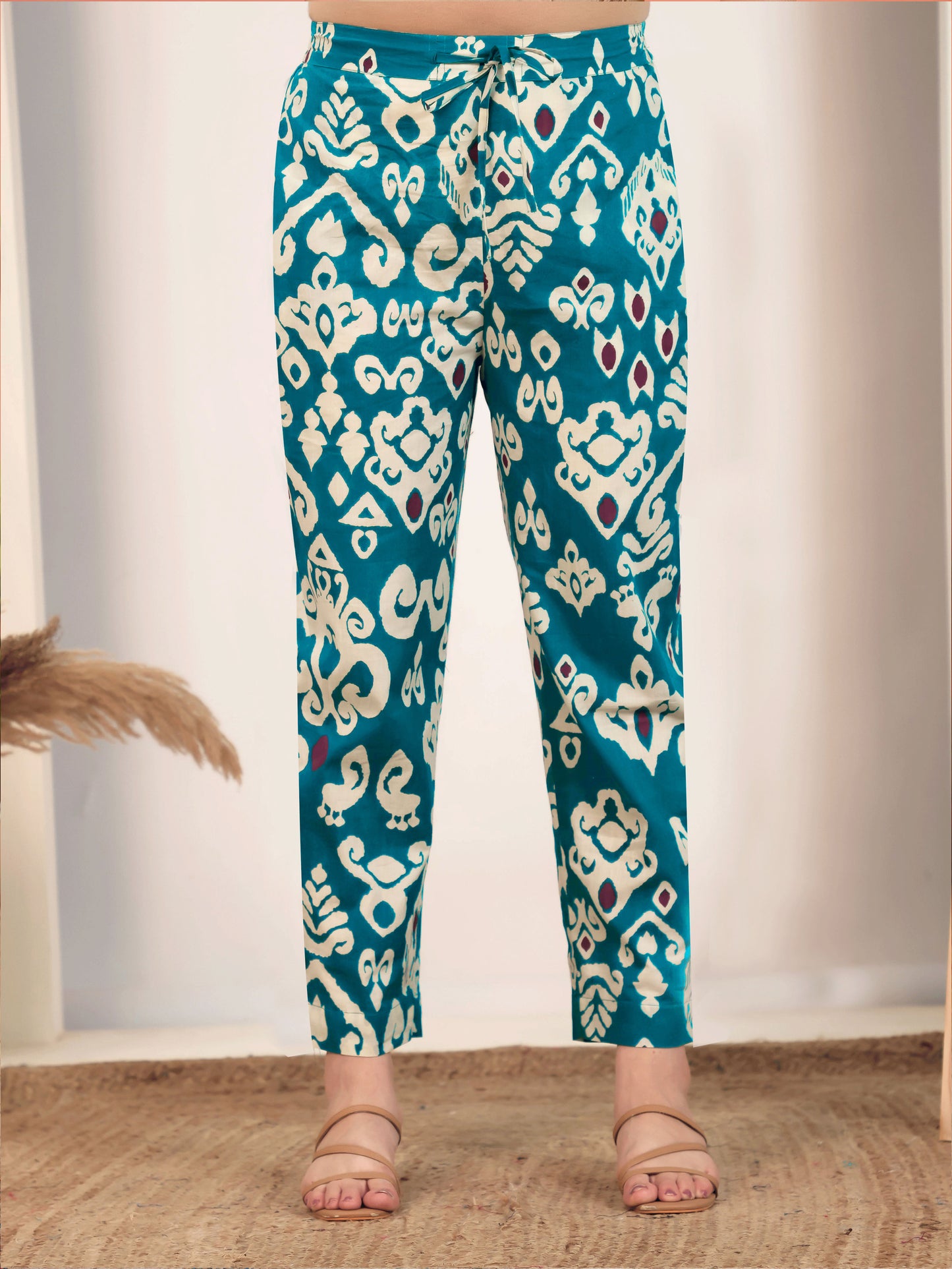Soft Cotton Ikat Teal Tapered Trousers