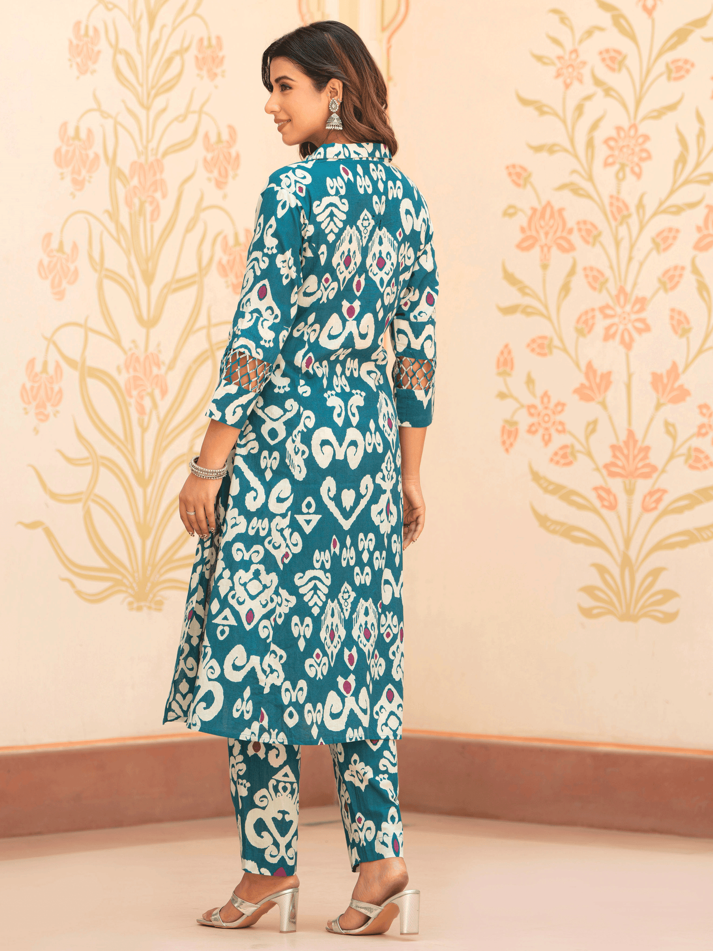 Soft Cotton Ikat High Low Teal Kurta