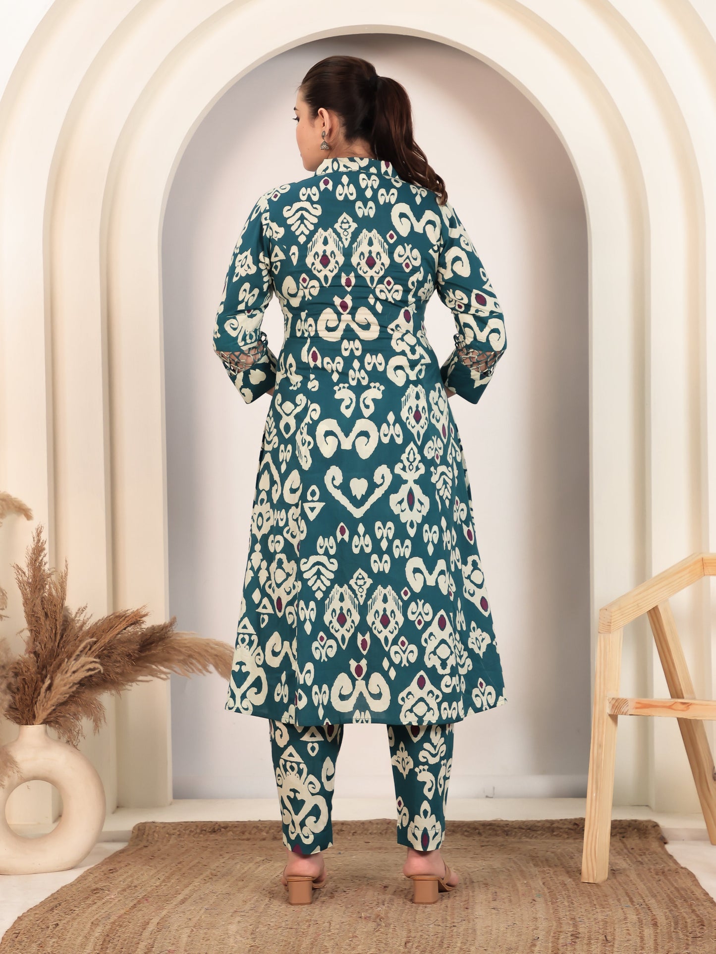 Soft Cotton Ikat High Low Teal Kurta