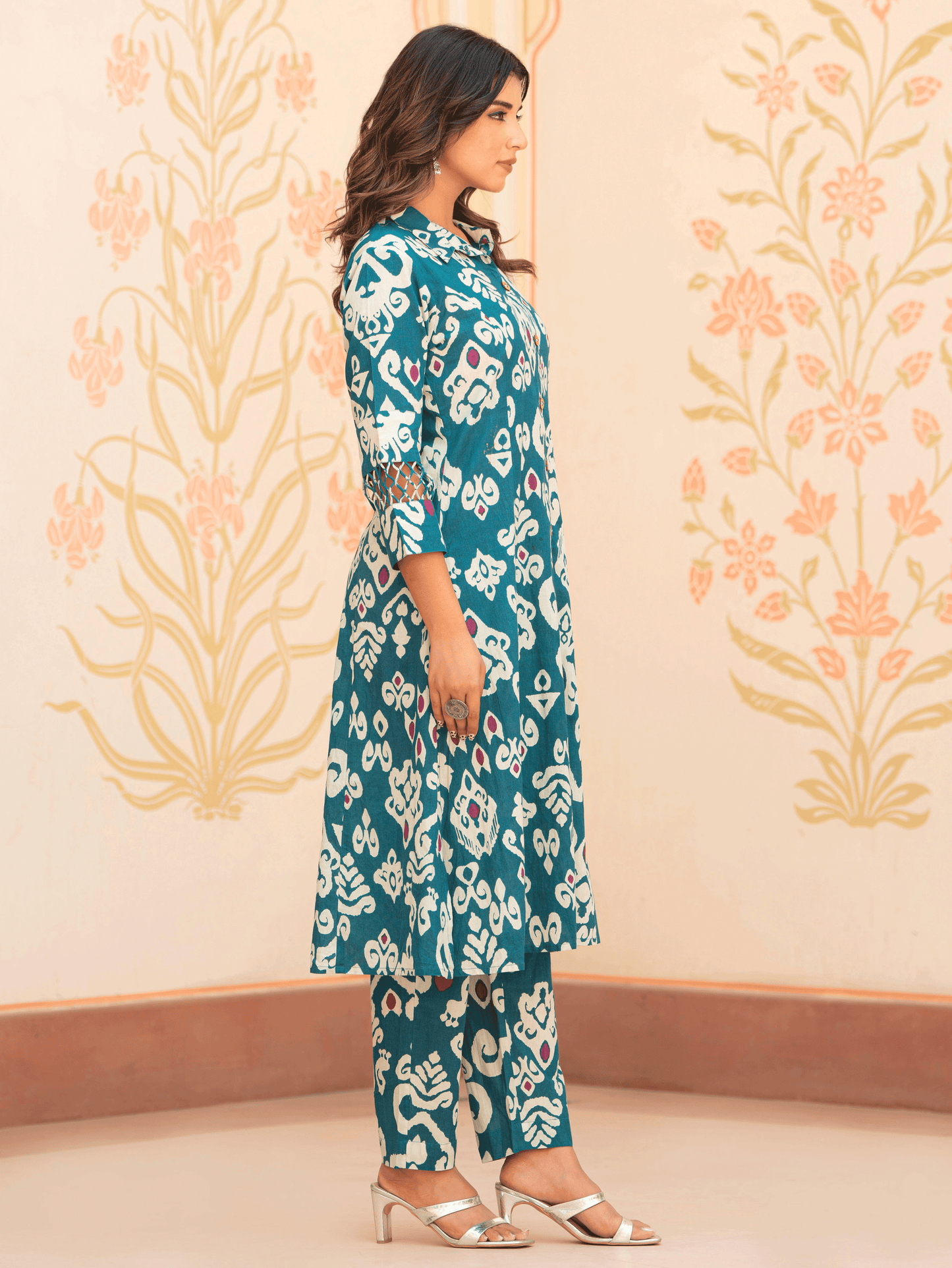 Soft Cotton Ikat High Low Teal Kurta
