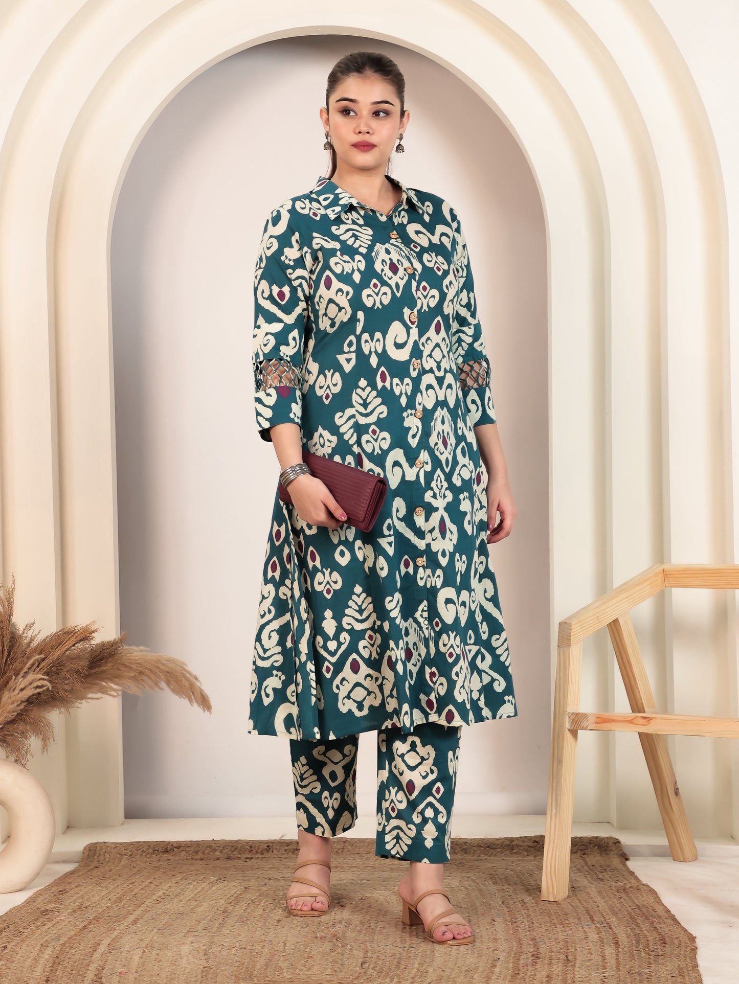 Soft Cotton Ikat High Low Teal Kurta