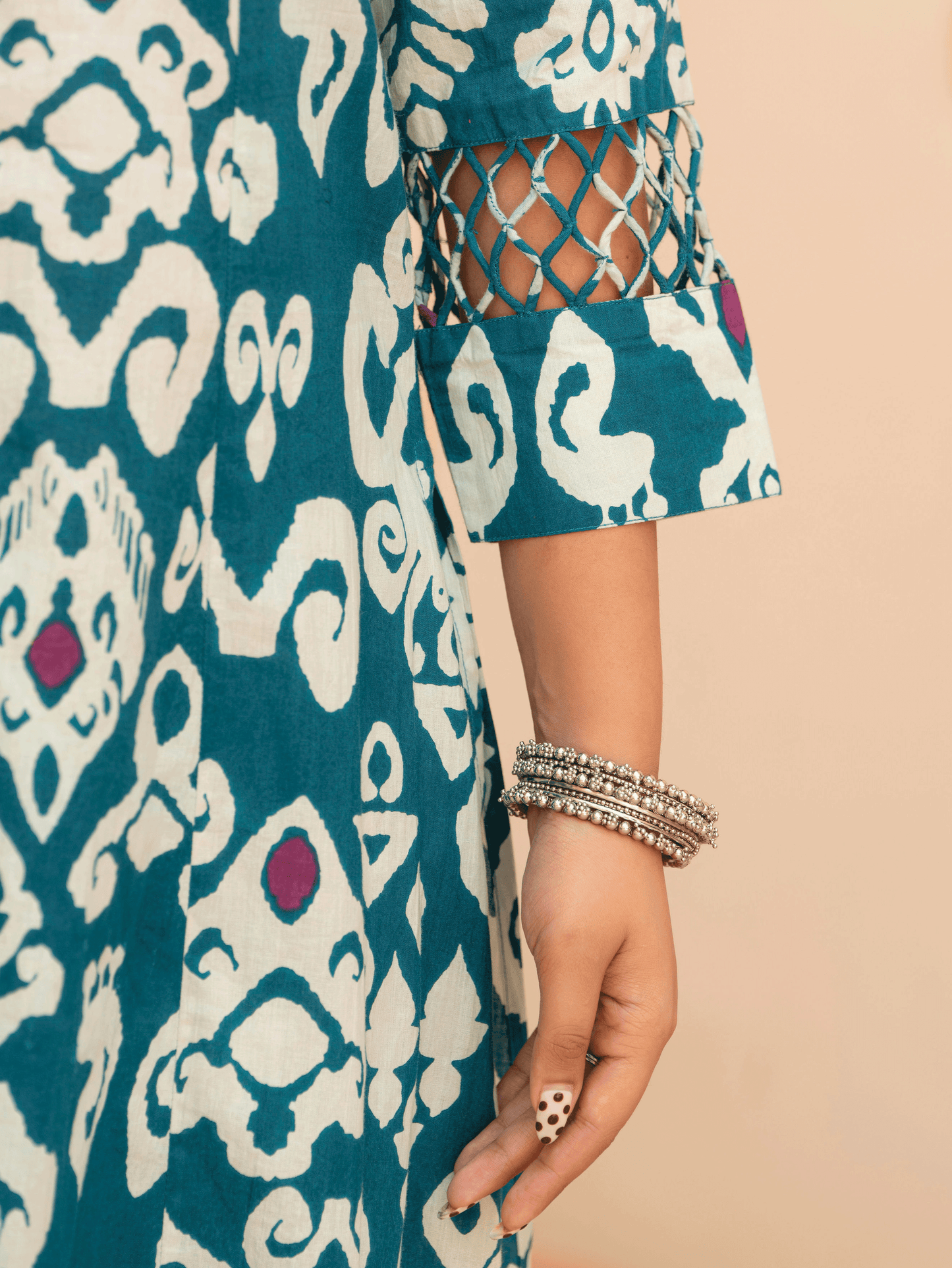 Soft Cotton Ikat High Low Teal Kurta