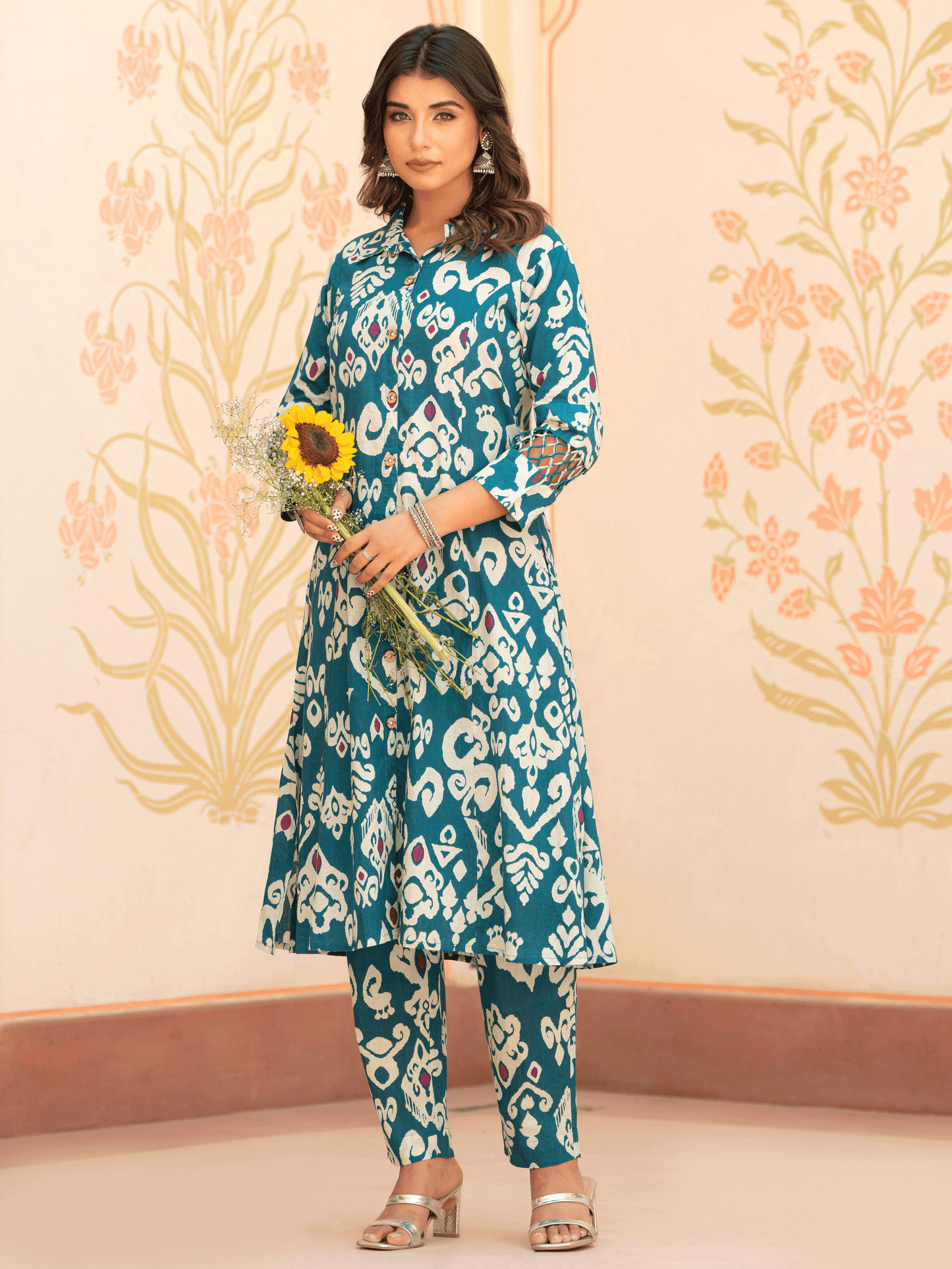 Soft Cotton Ikat High Low Teal Kurta