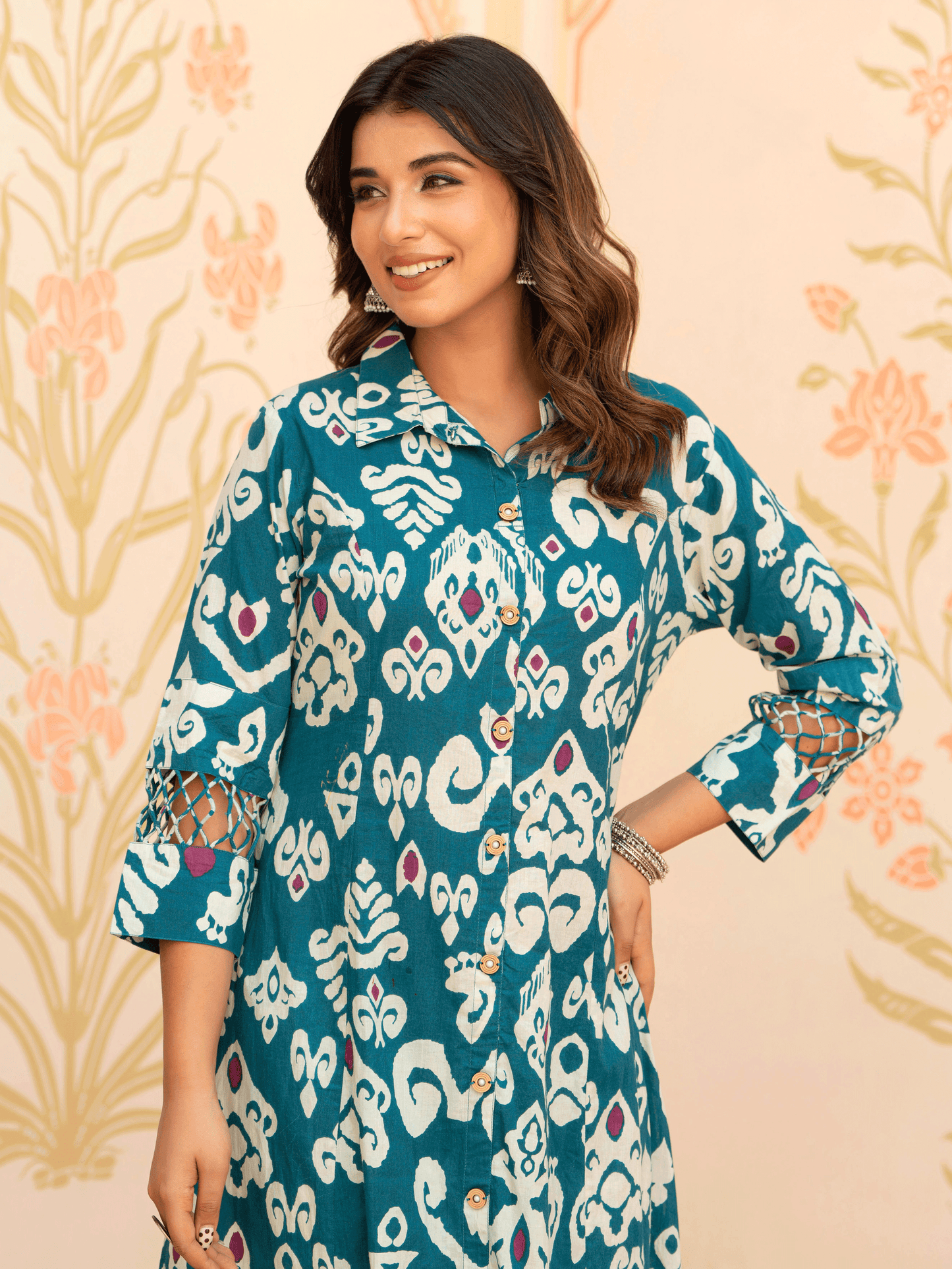Soft Cotton Ikat High Low Teal Kurta