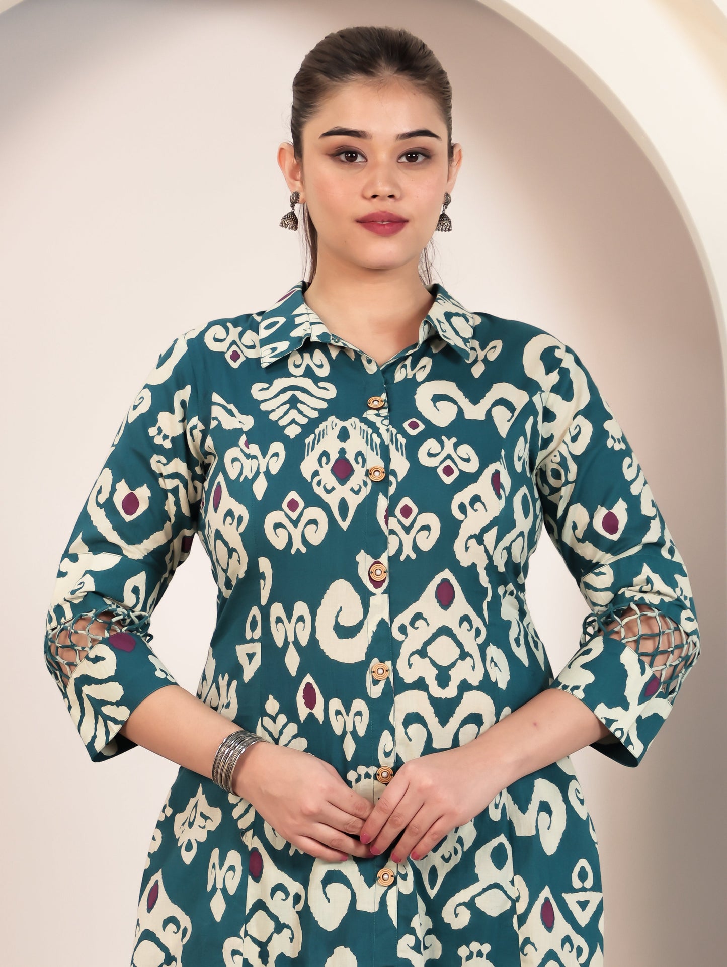 Soft Cotton Ikat High Low Teal Kurta