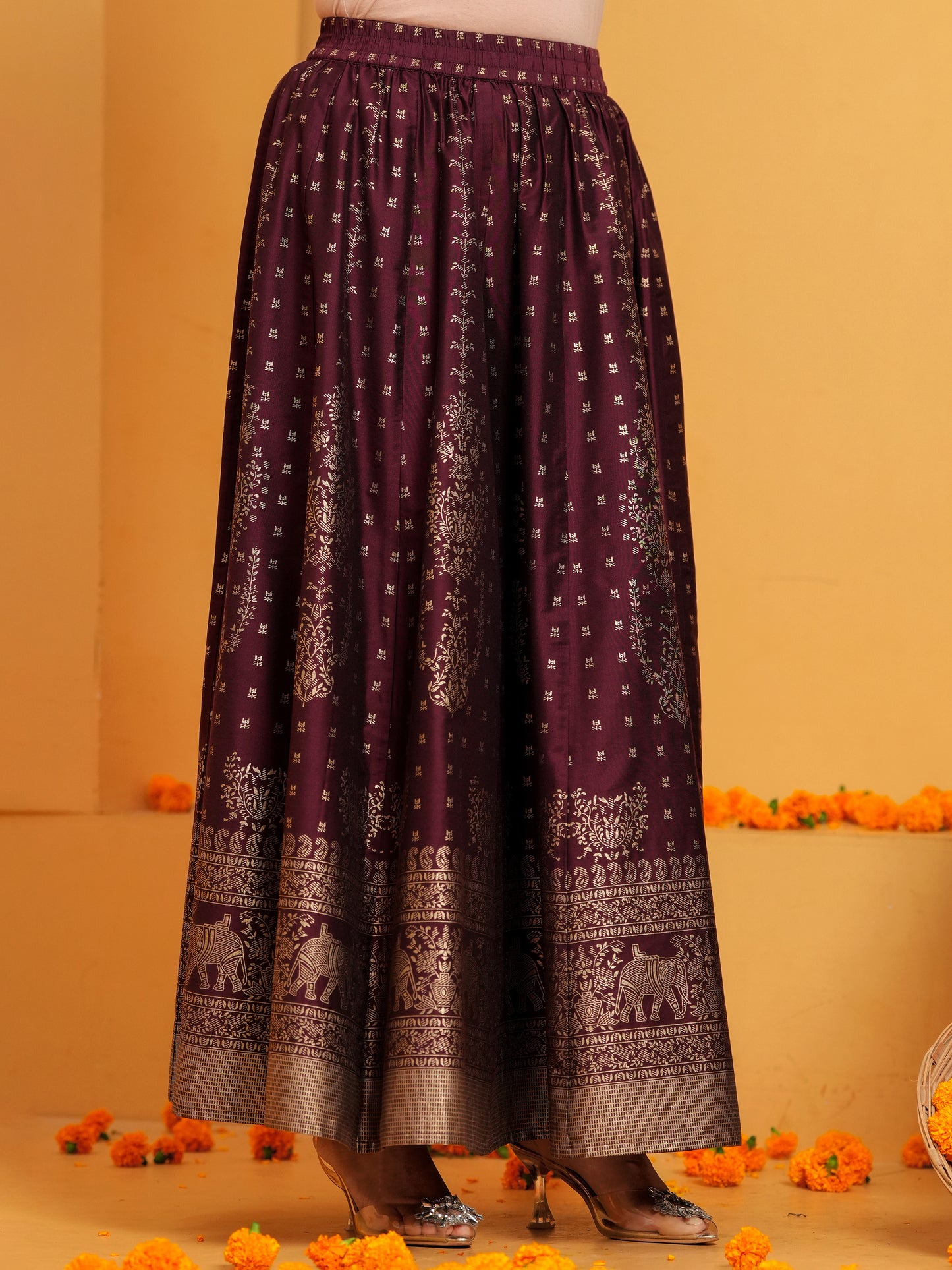 Blended Silk Gold foil Maroon Skirt