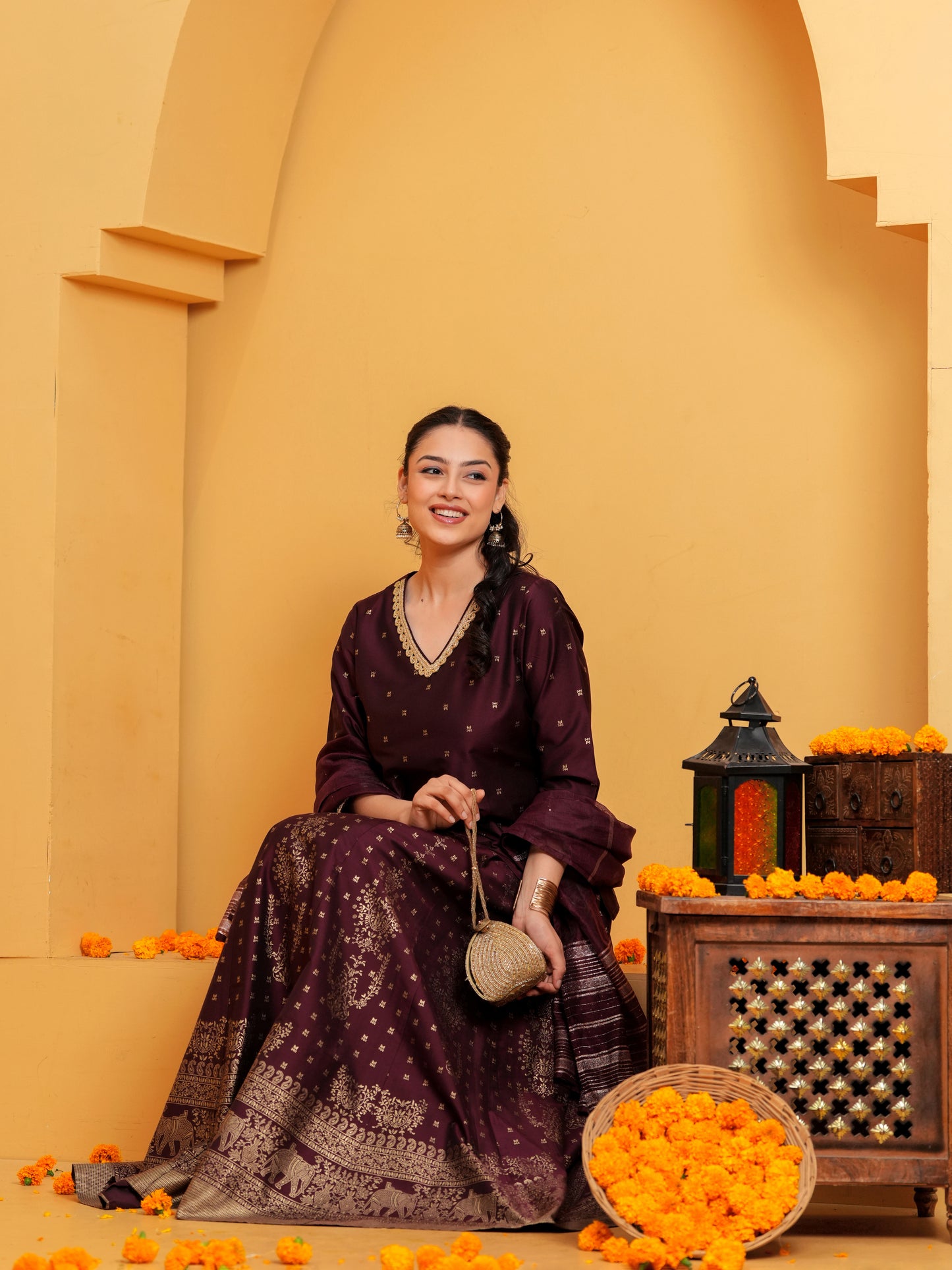 Blended Silk Solid Straight Maroon Kurta