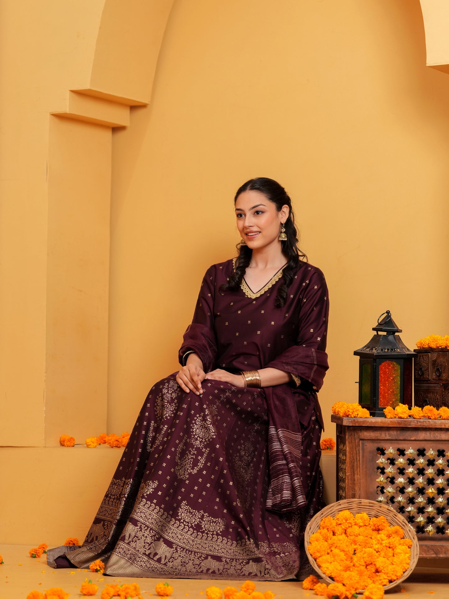 Blended Silk Solid Straight Maroon Kurta