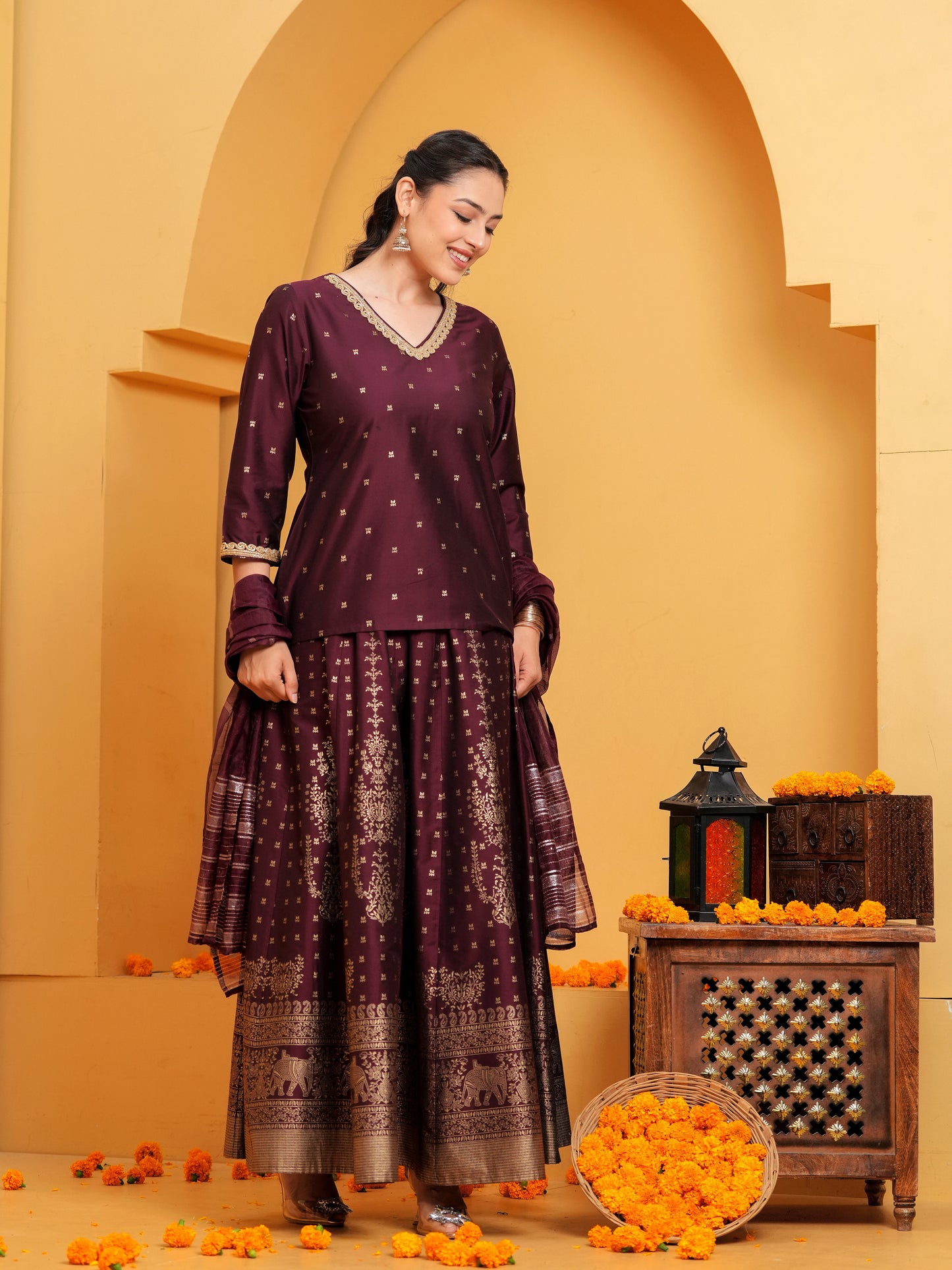 Blended Silk Solid Straight Maroon Kurta