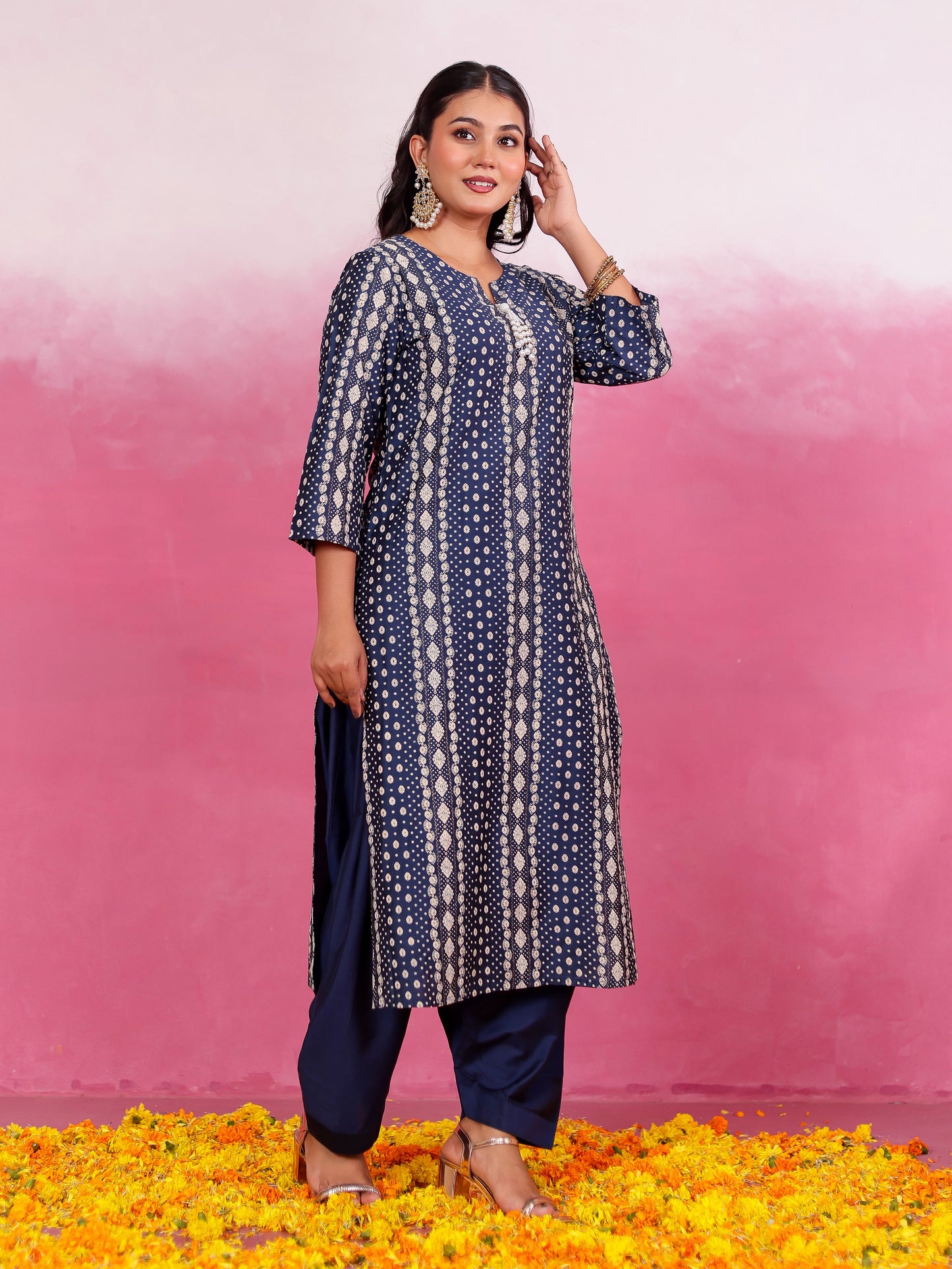 Chanderi Geometric Straight Blue Kurta