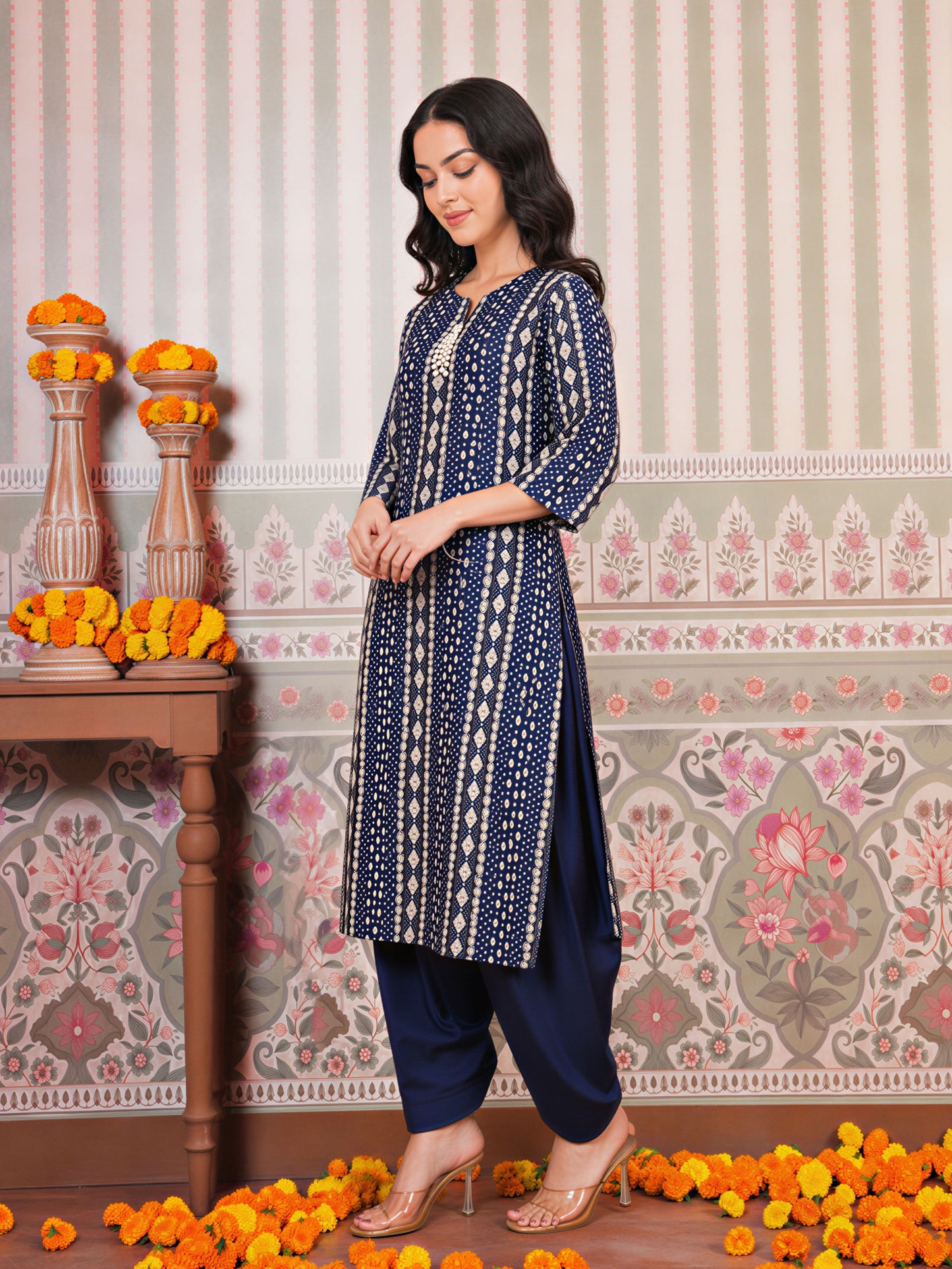 Chanderi Geometric Straight Blue Kurta