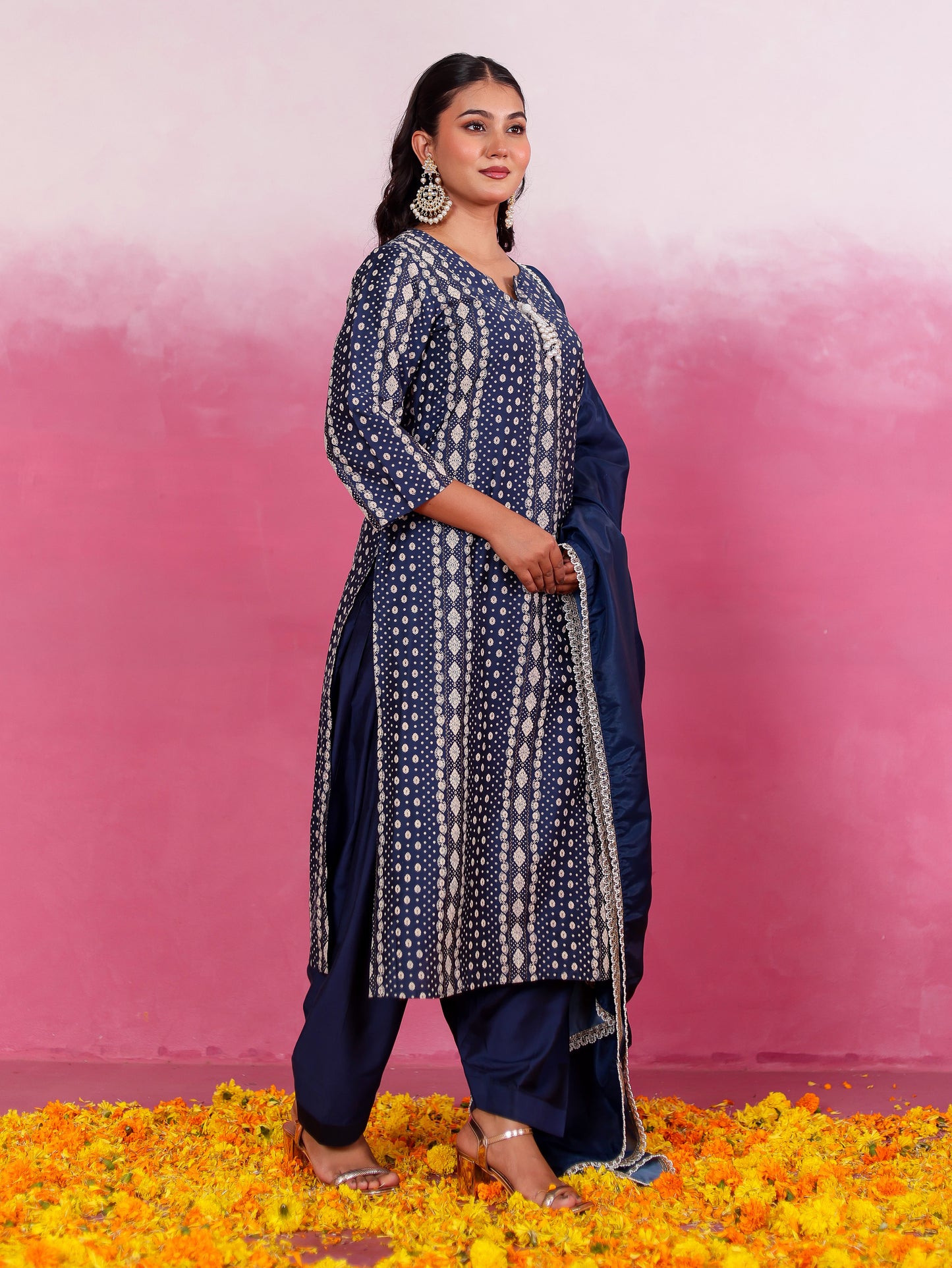 Chanderi Geometric Straight Blue Kurta