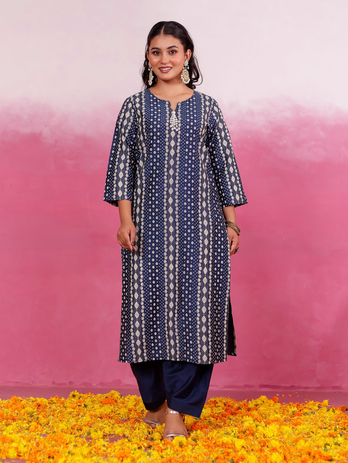 Chanderi Geometric Straight Blue Kurta