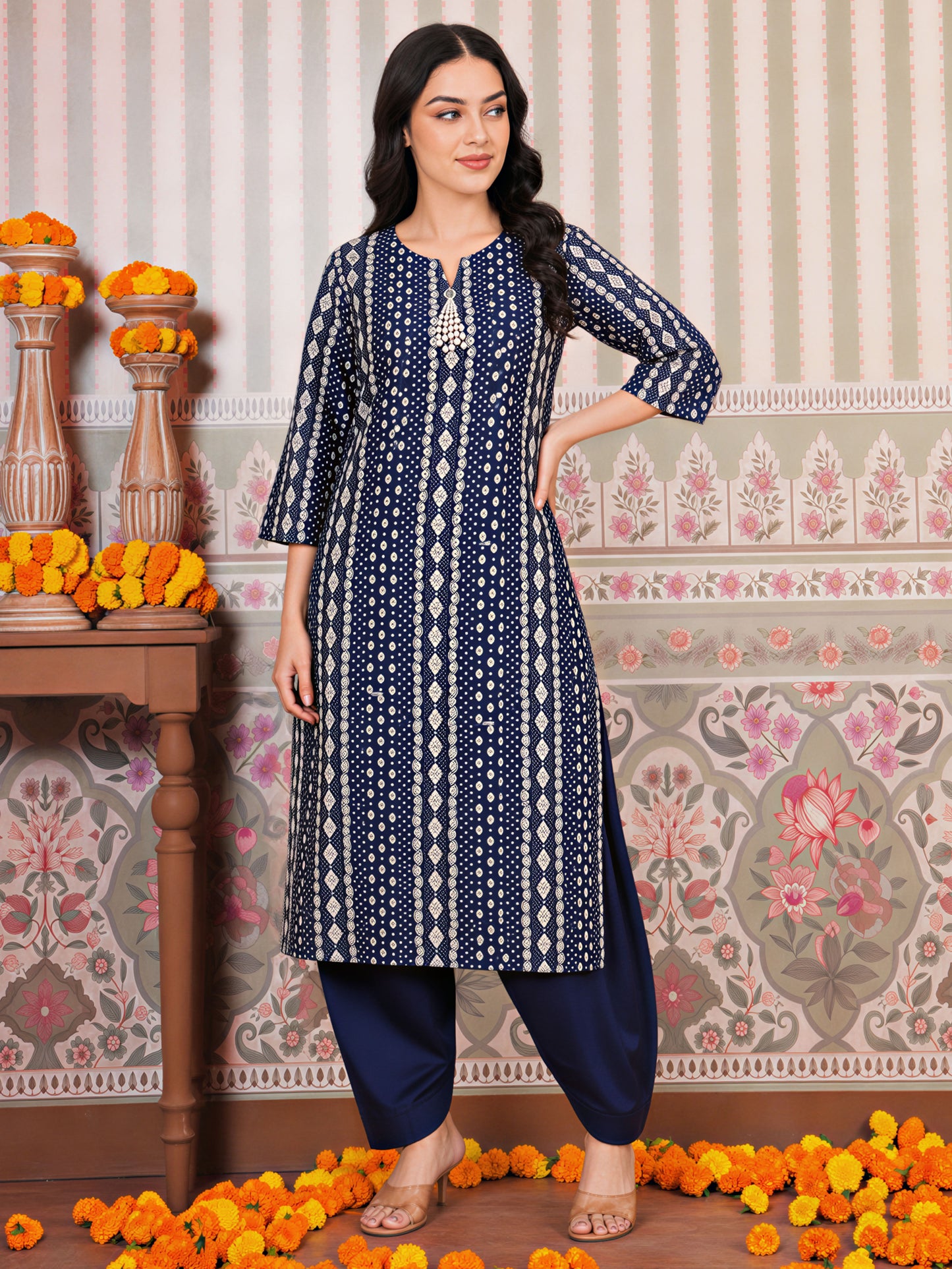 Chanderi Geometric Straight Blue Kurta