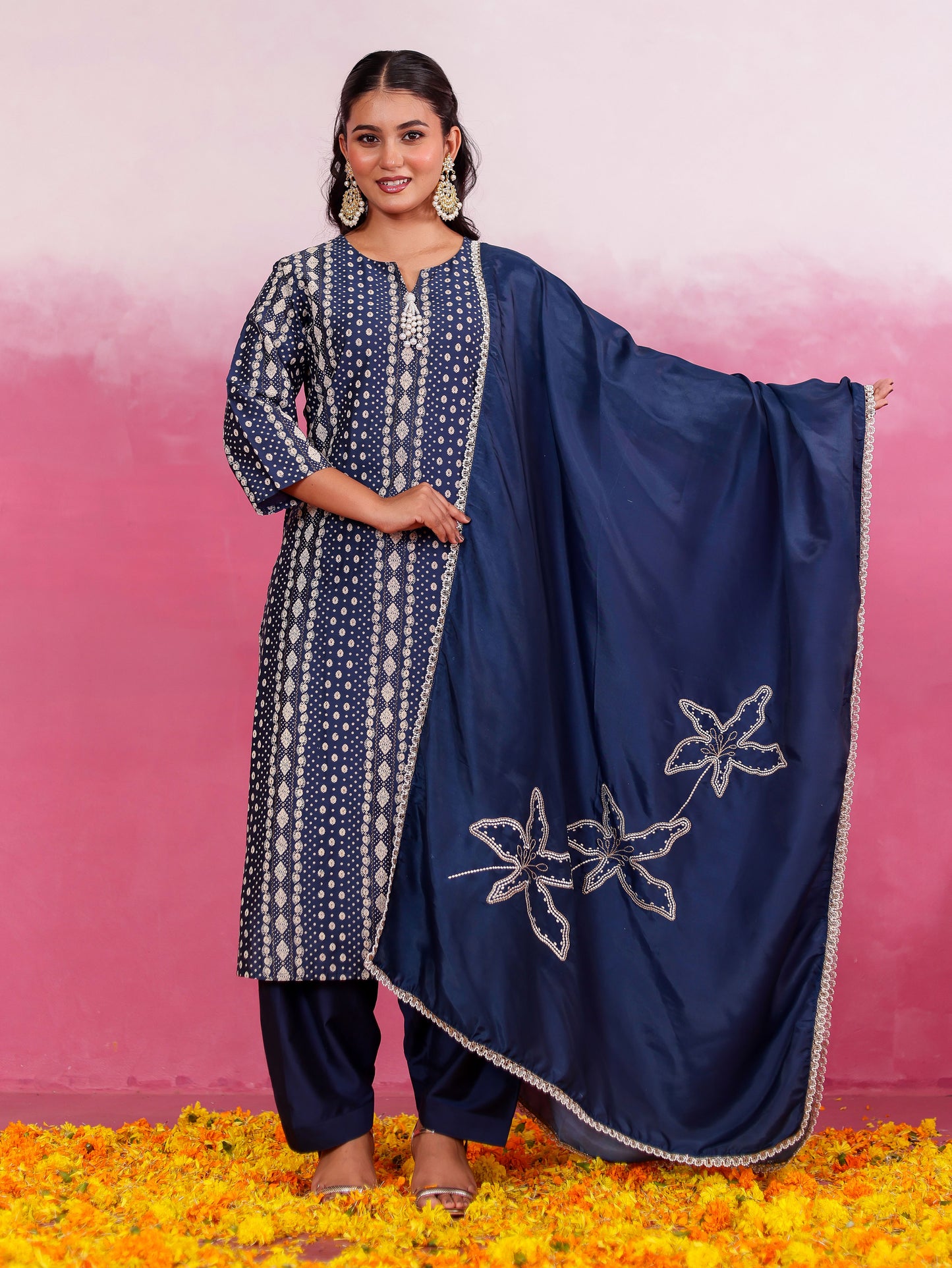 Chanderi Geometric Straight Blue Kurta