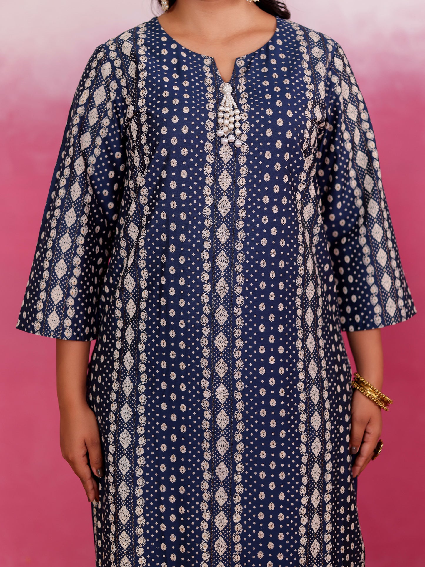 Chanderi Geometric Straight Blue Kurta