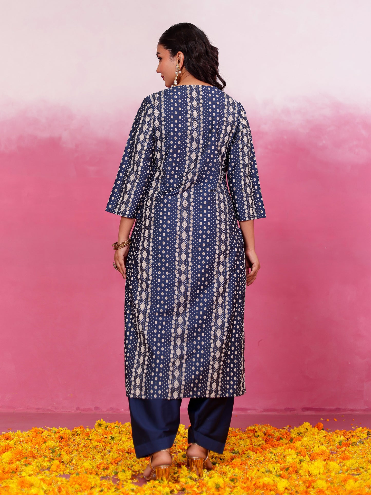 Chanderi Geometric Straight Blue Kurta