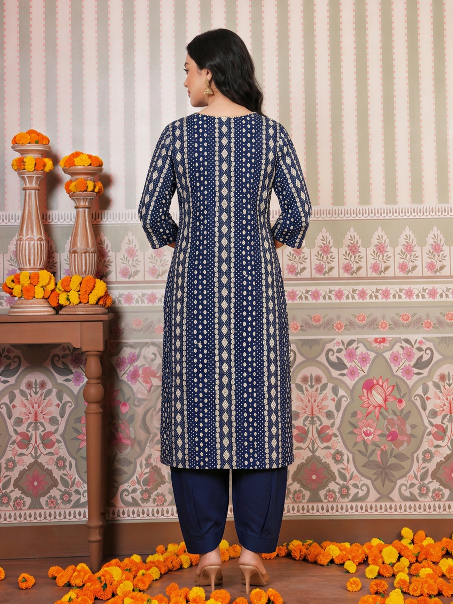Chanderi Geometric Straight Blue Kurta