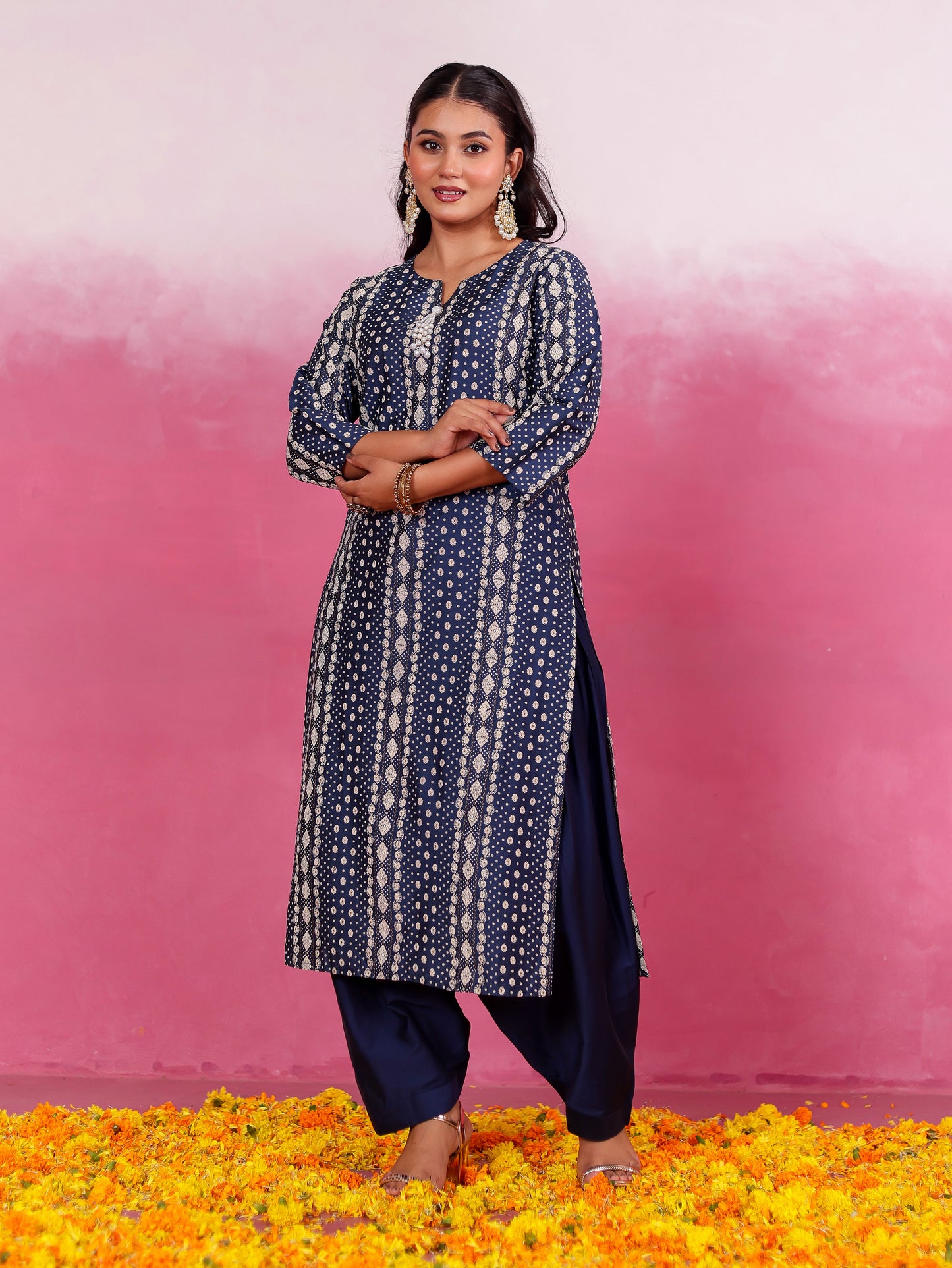 Chanderi Geometric Straight Blue Kurta