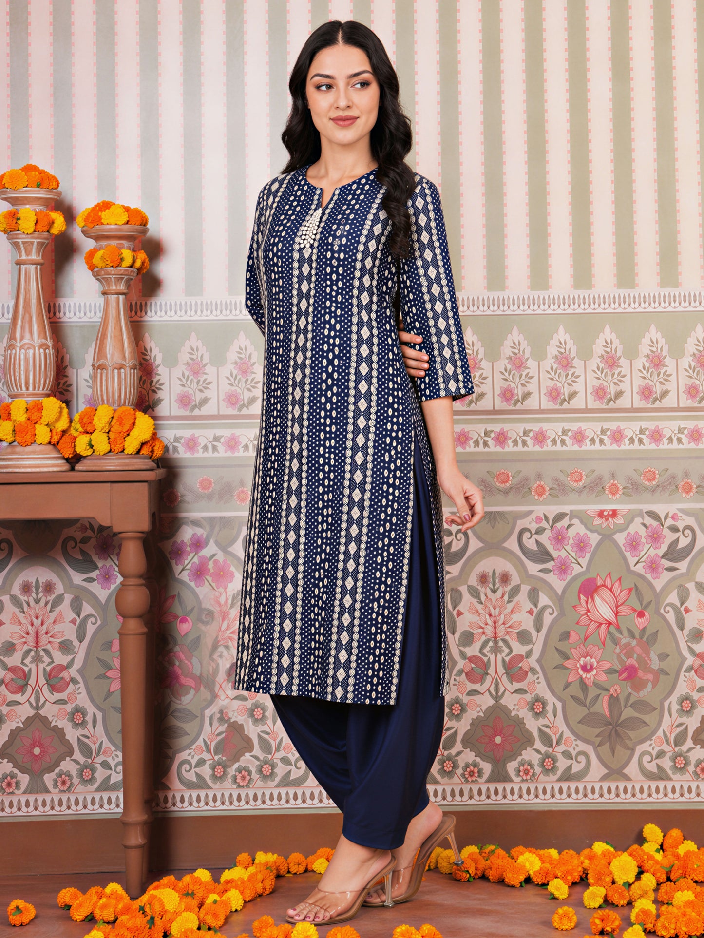 Chanderi Geometric Straight Blue Kurta