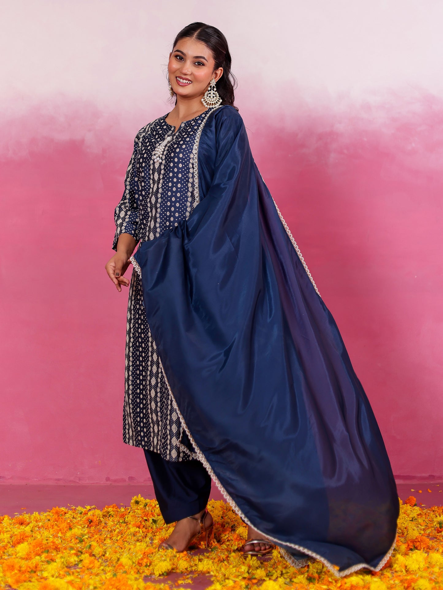 Chanderi Geometric Straight Blue Kurta