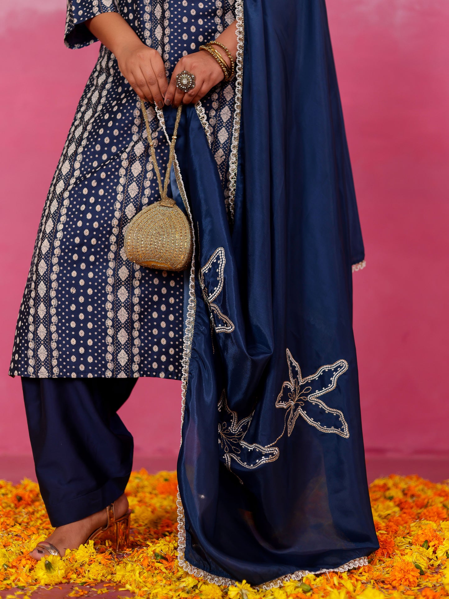 Chanderi Geometric Straight Blue Kurta