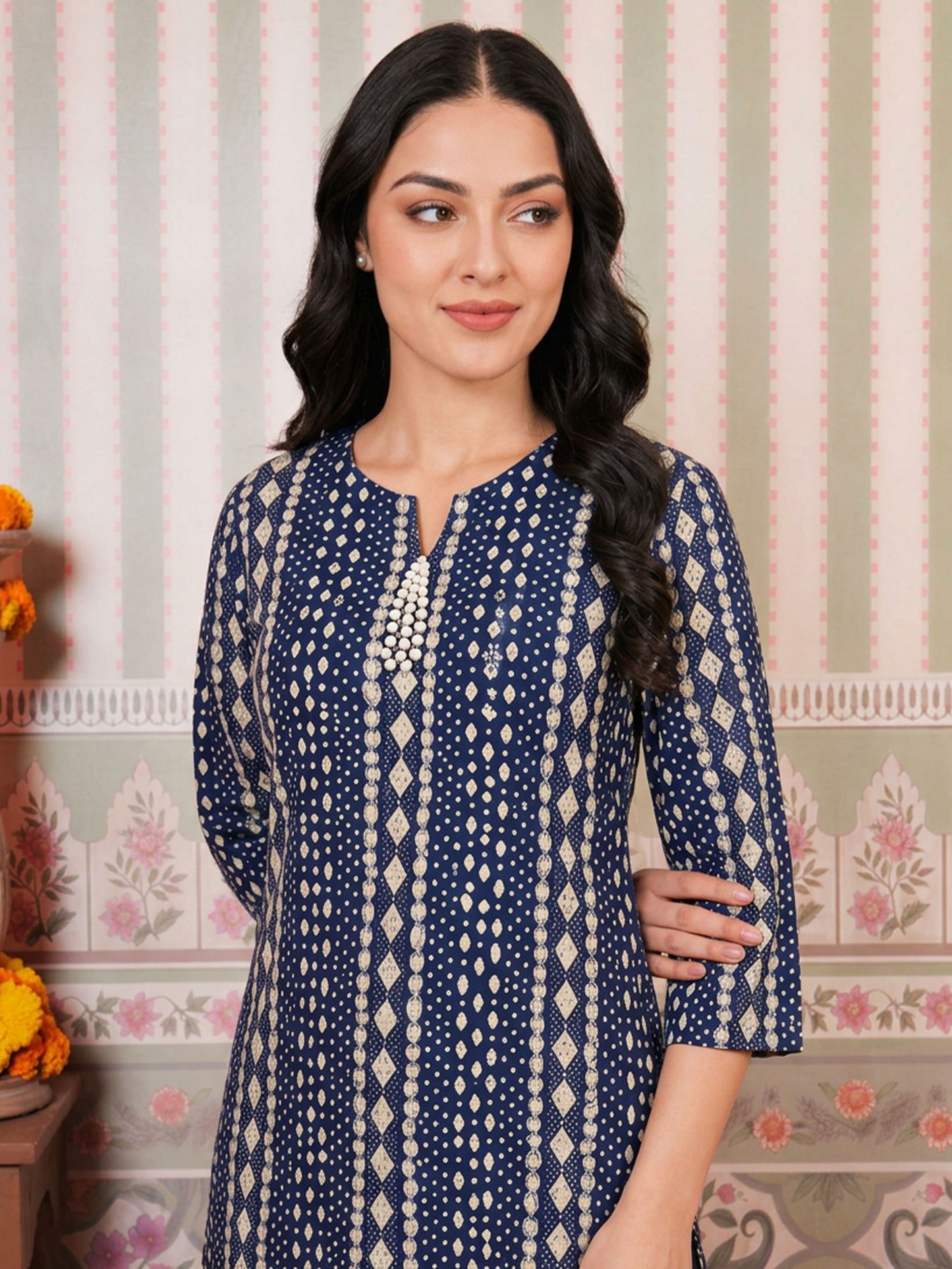 Chanderi Geometric Straight Blue Kurta