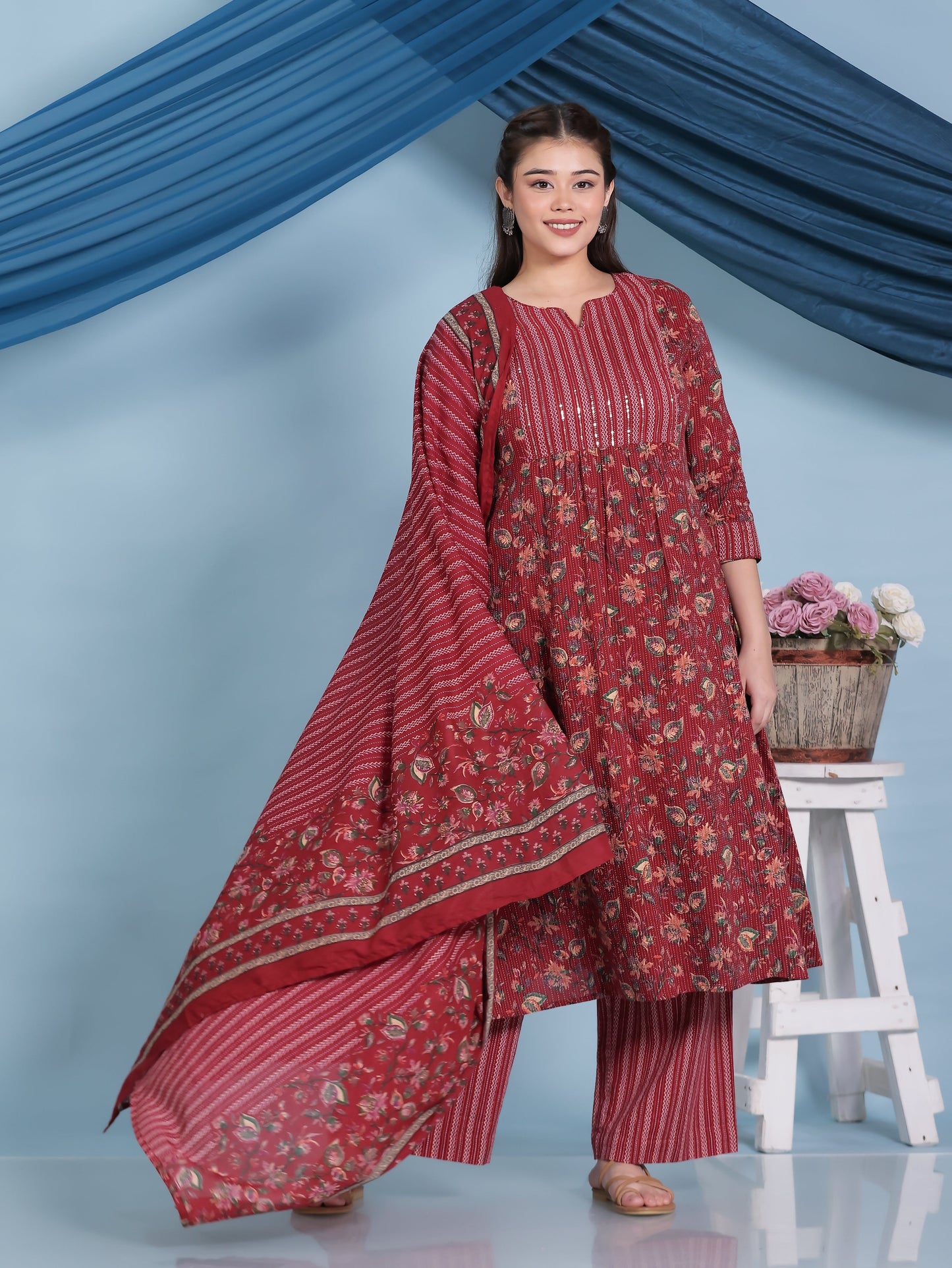 Cotton Voile Border print Red Dupatta