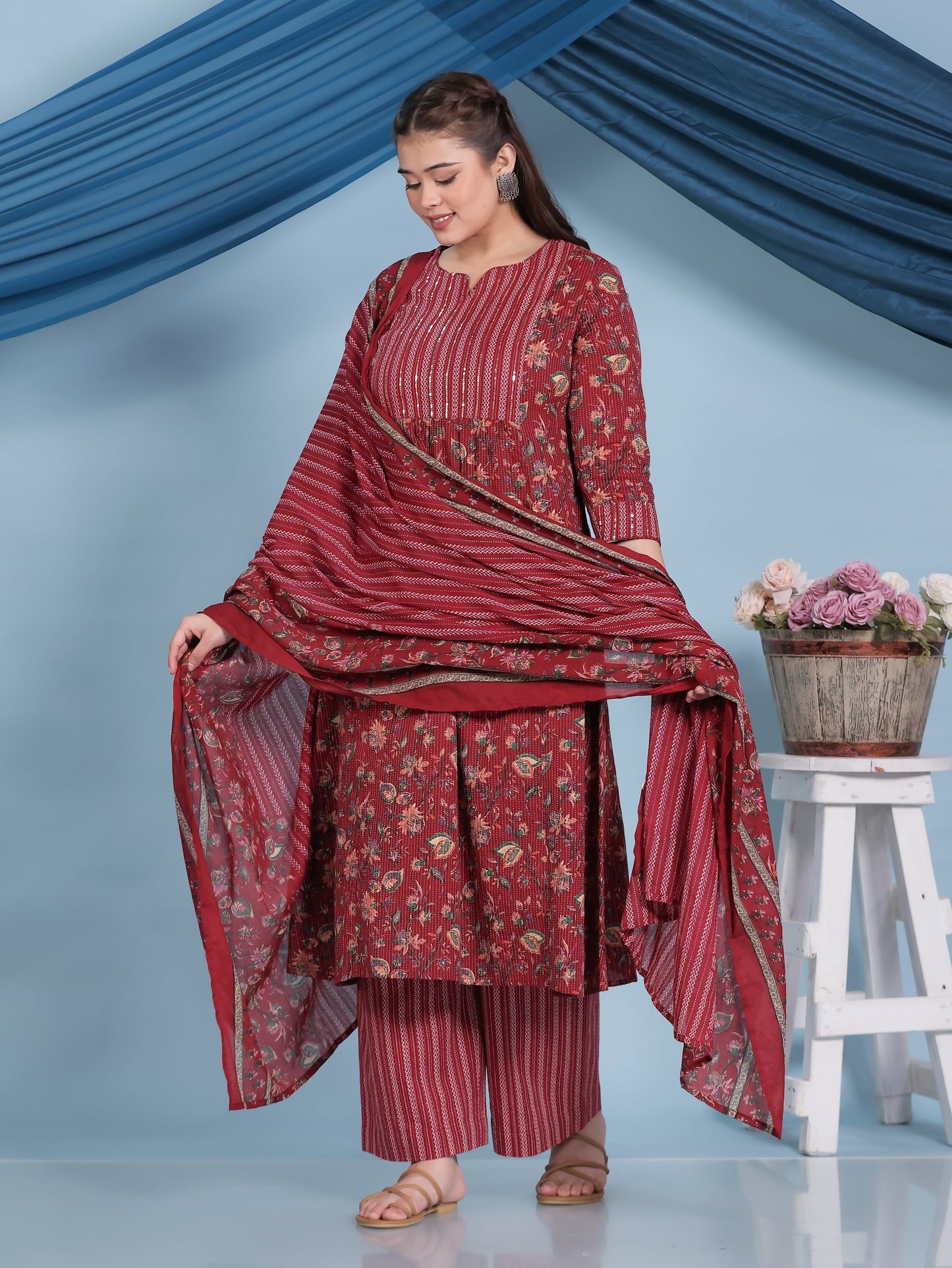 Cotton Voile Border print Red Dupatta