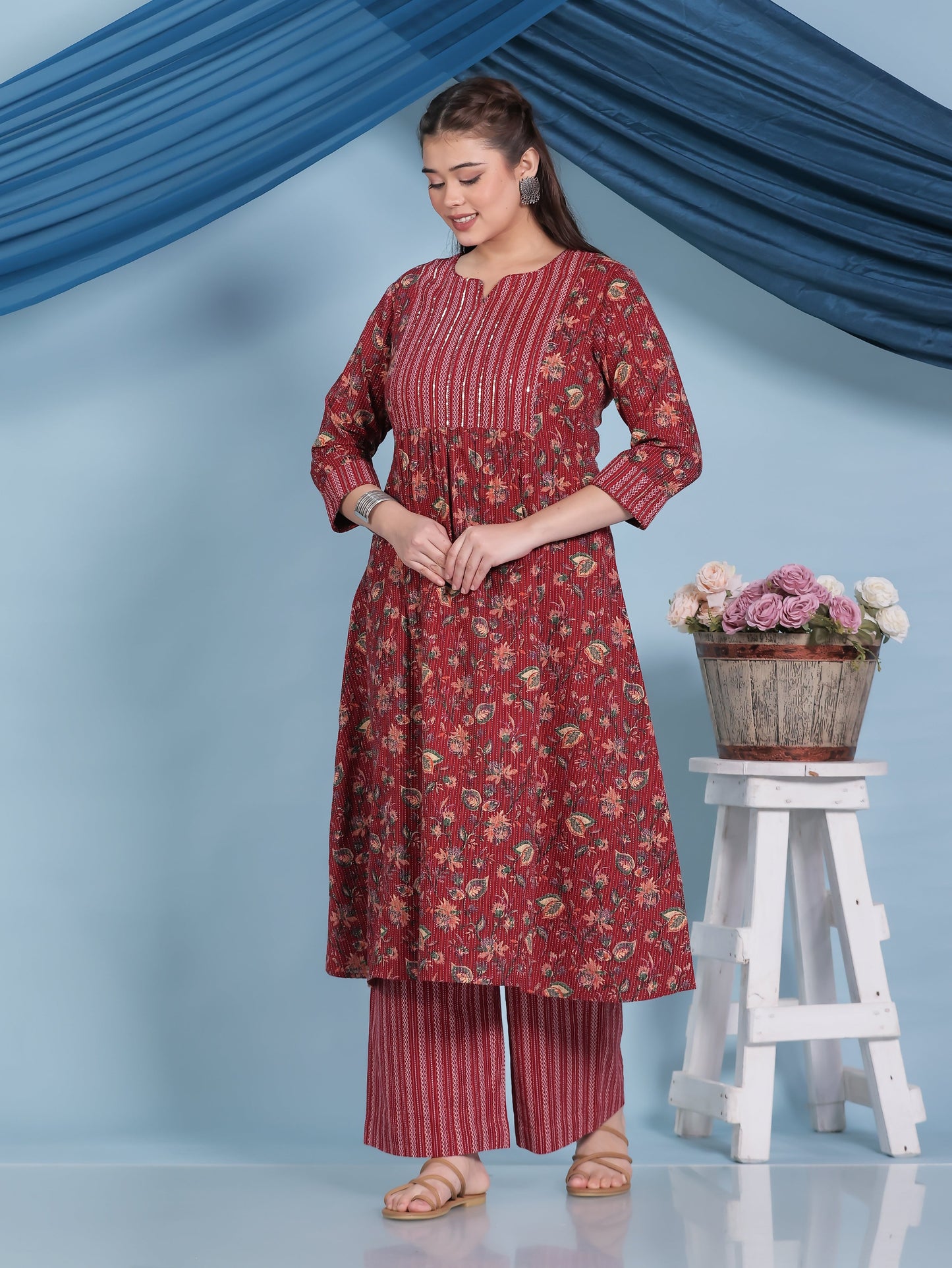 Embroidered Kantha Cotton Floral Flared Red Kurta